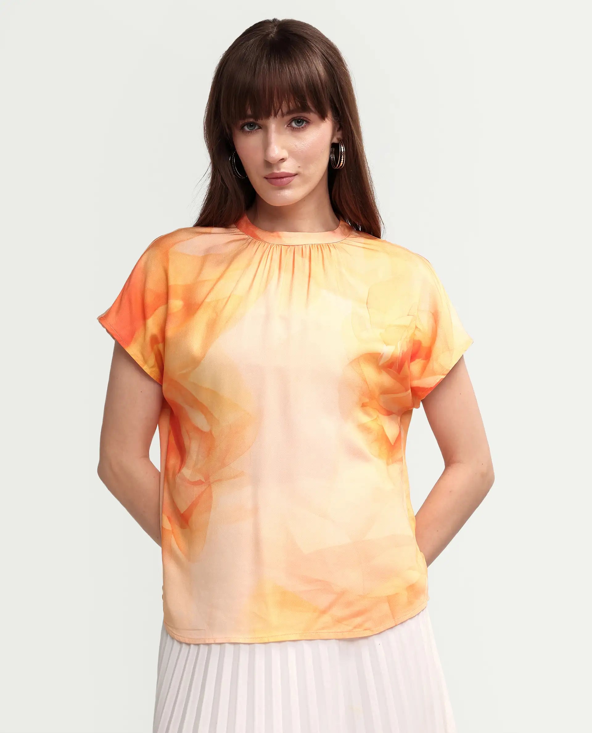 Rareism Women's Macxi Yellow Viscose Half Sleeve Band Collar Regular Floral Print Top