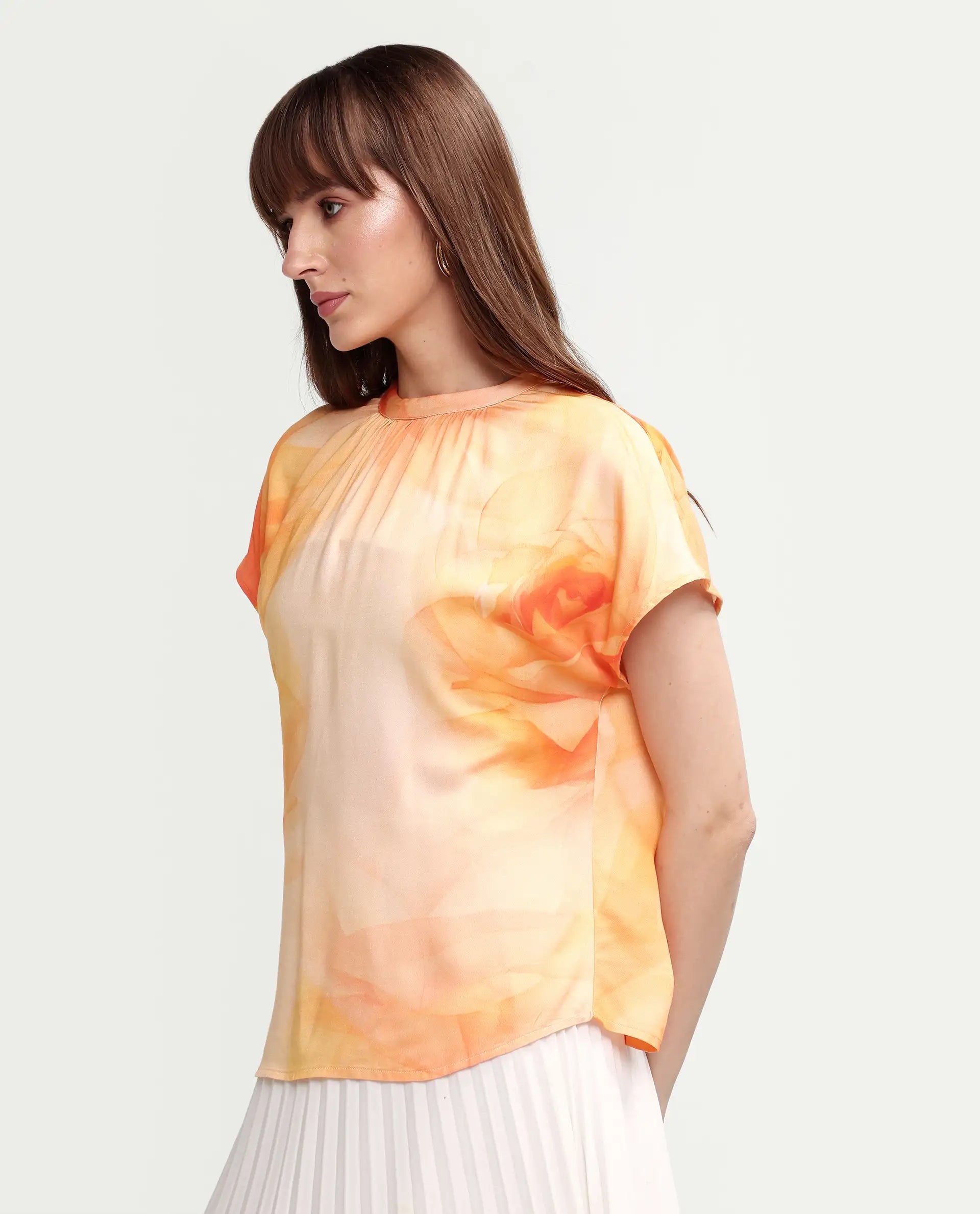 Rareism Women's Macxi Yellow Viscose Half Sleeve Band Collar Regular Floral Print Top