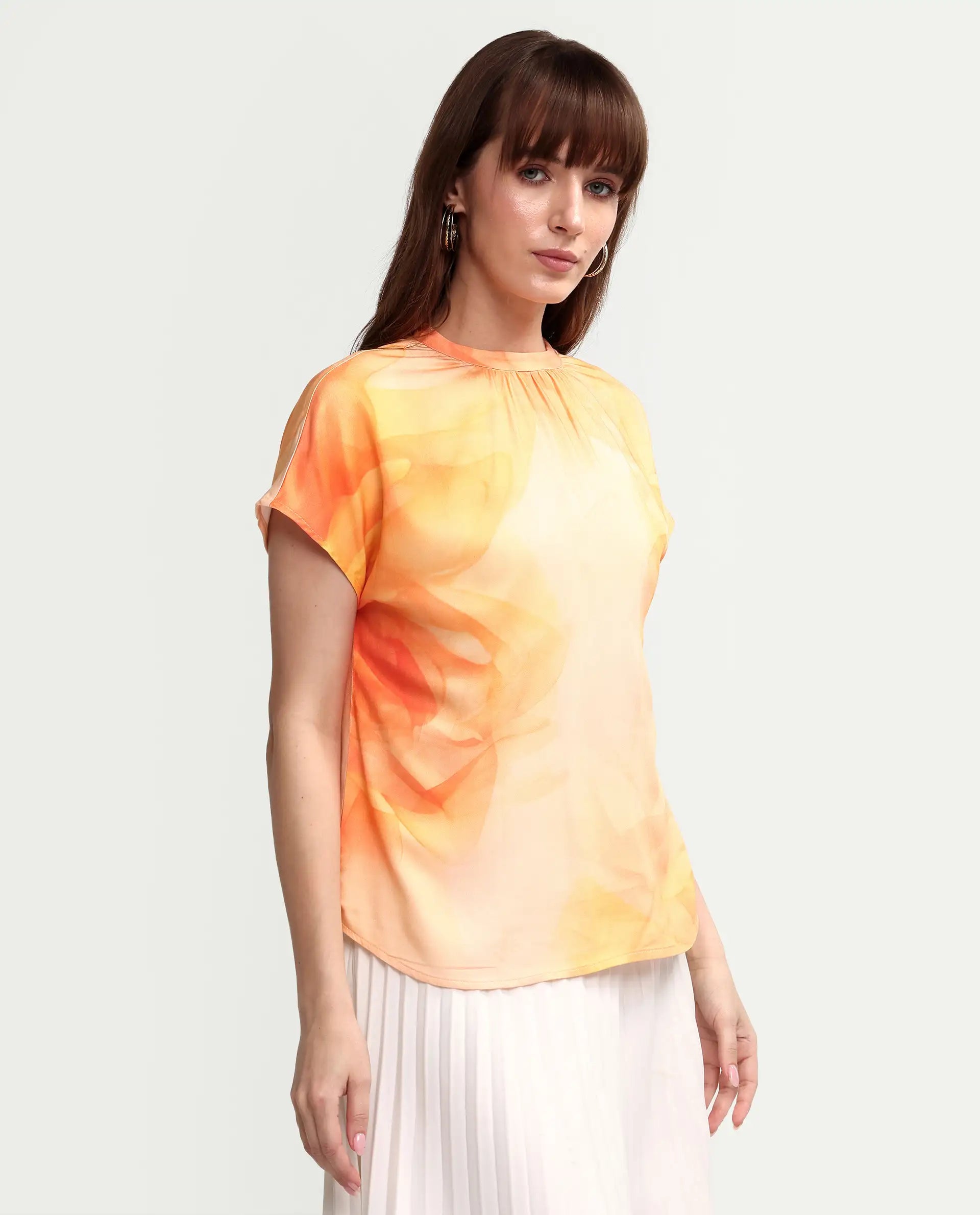 Rareism Women's Macxi Yellow Viscose Half Sleeve Band Collar Regular Floral Print Top