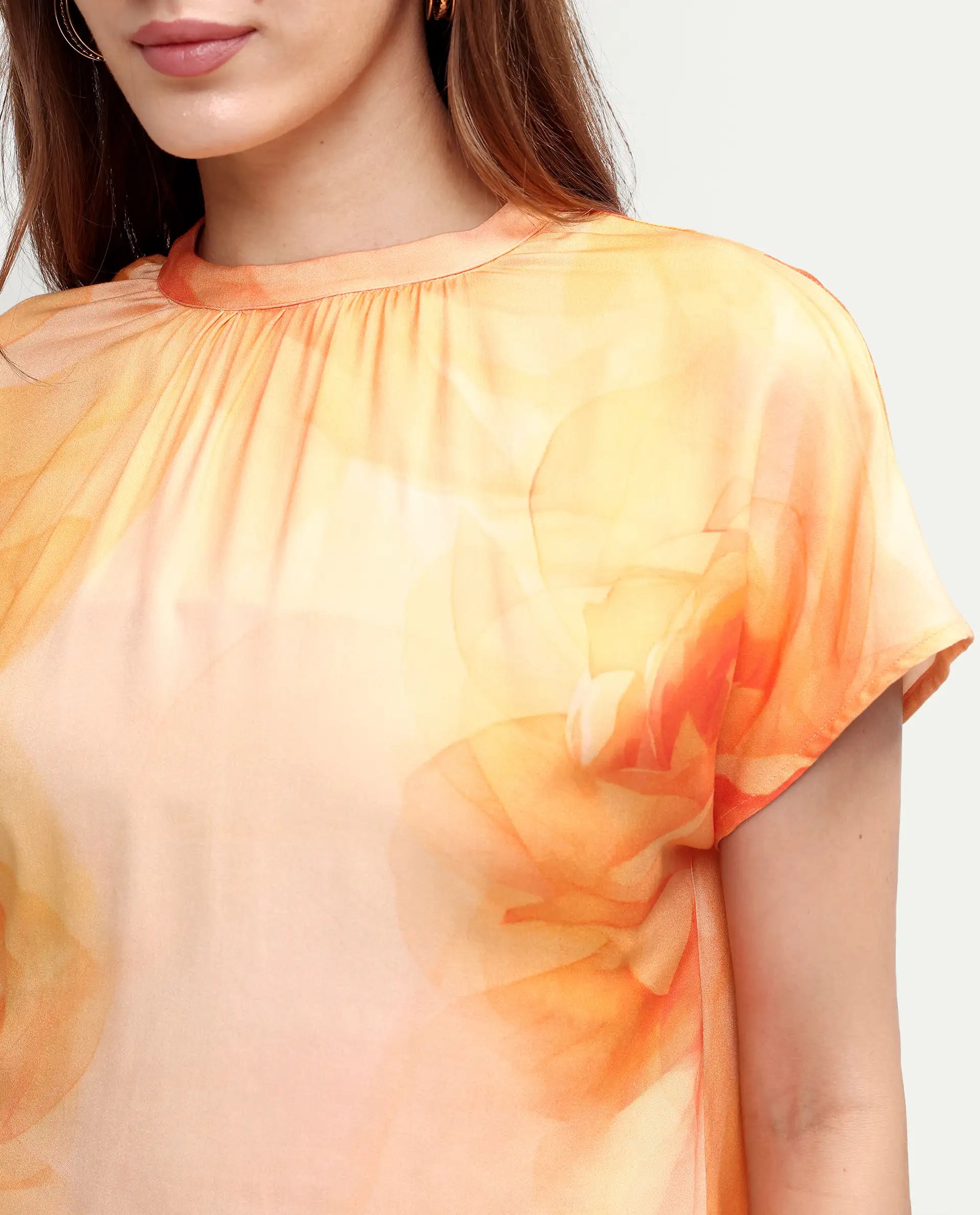 Rareism Women's Macxi Yellow Viscose Half Sleeve Band Collar Regular Floral Print Top