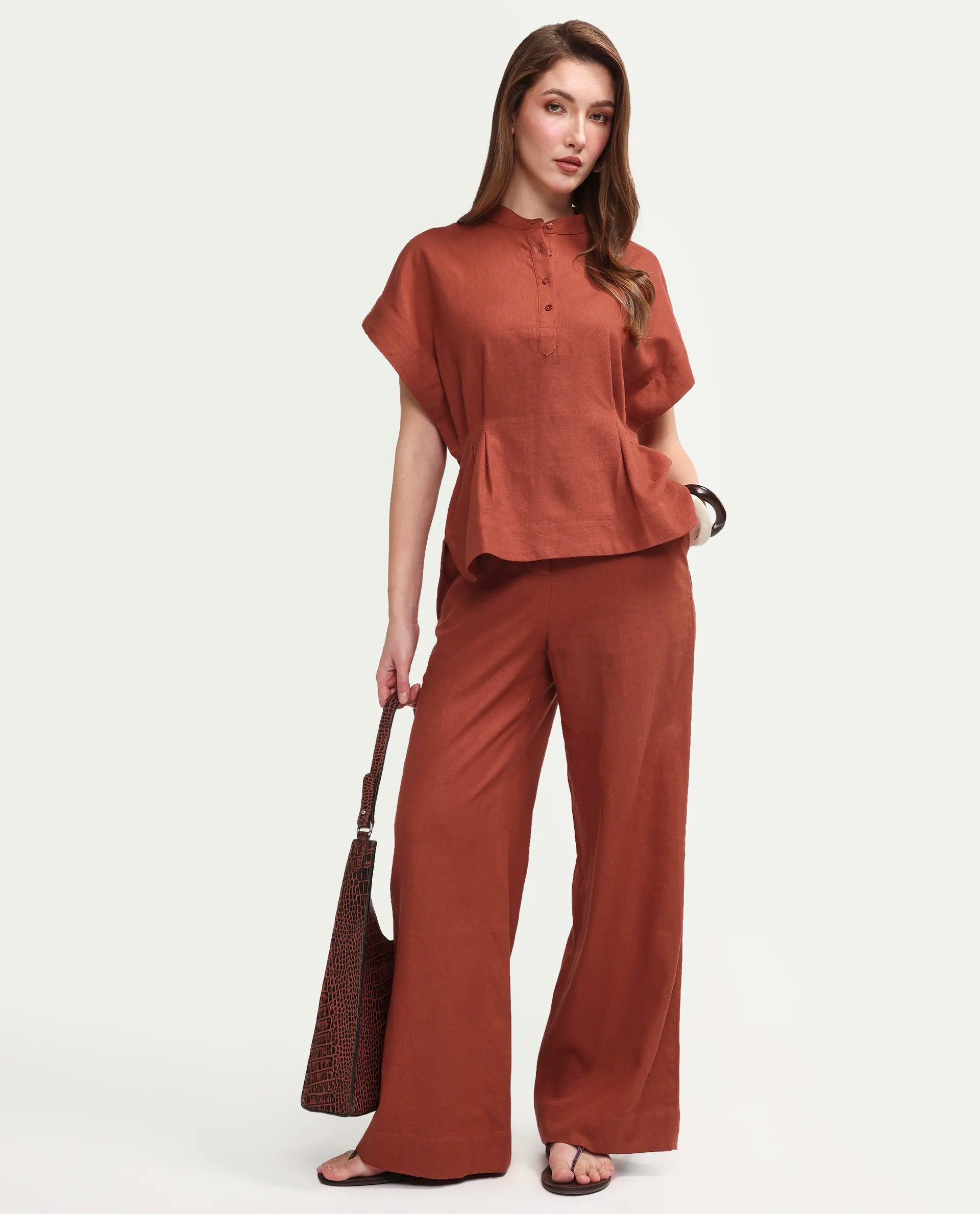 Rareism Women's Mappy-B Rust Linen Blend Wide Plain Trouser