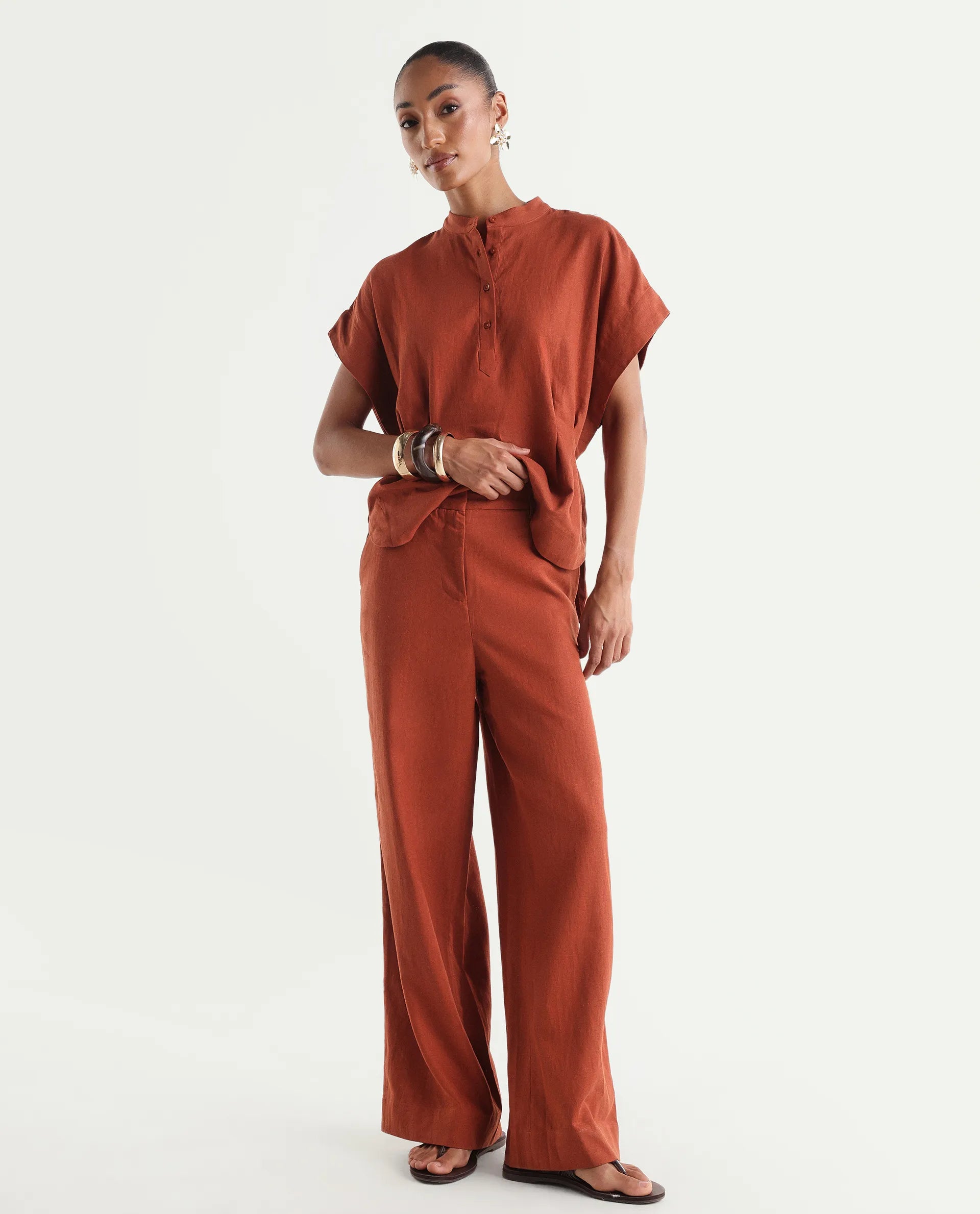Rareism Women's Mappy-B Rust Linen Wide Plain Trouser