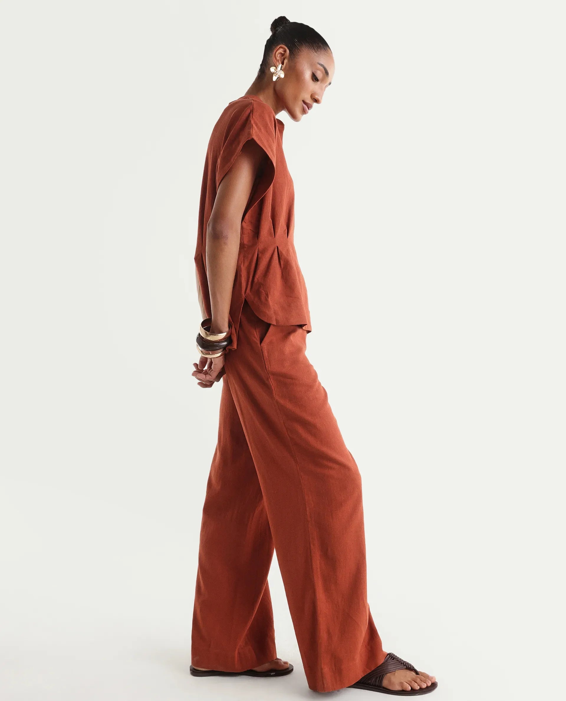 Rareism Women's Mappy-B Rust Linen Wide Plain Trouser