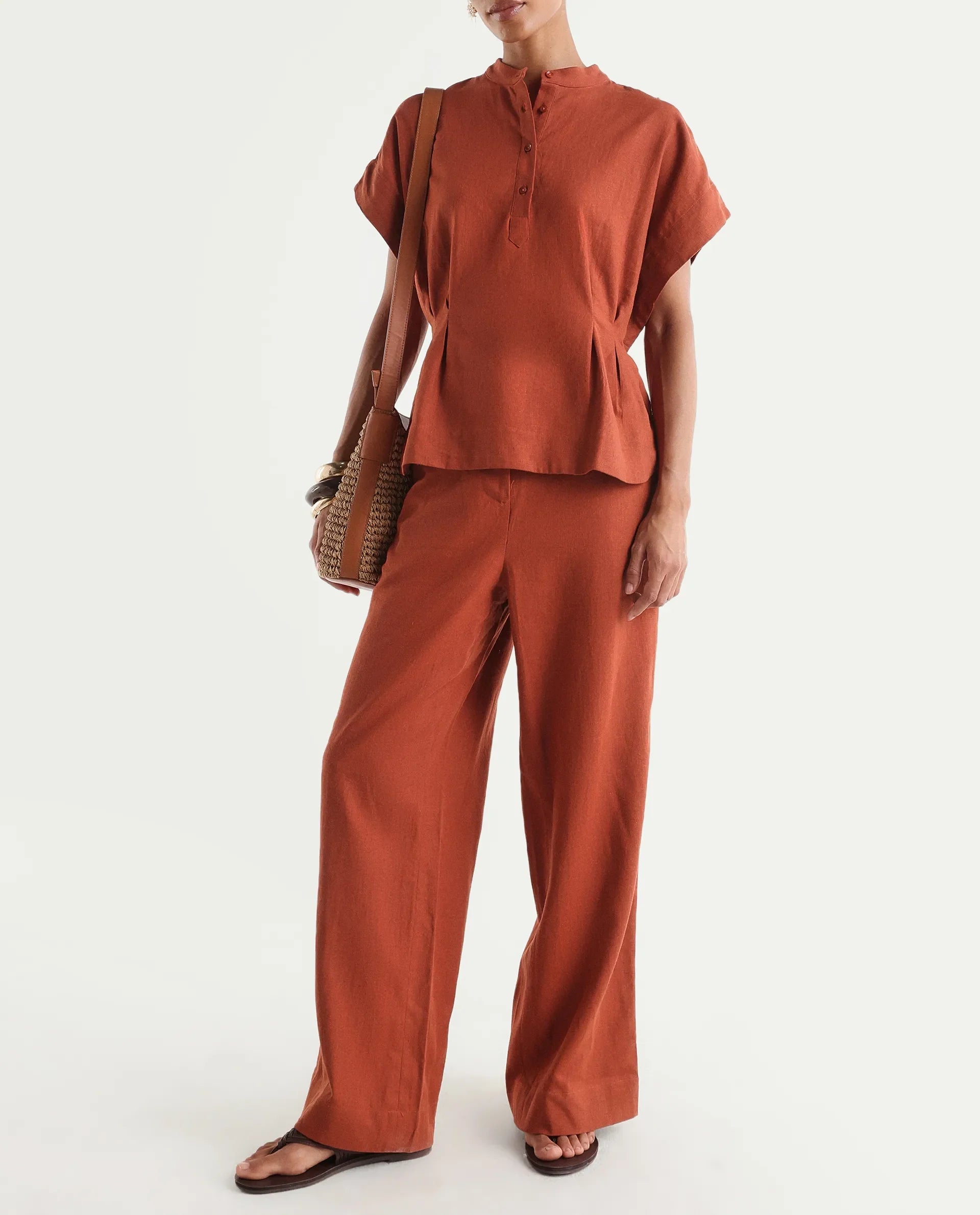Rareism Women's Mappy-B Rust Linen Wide Plain Trouser