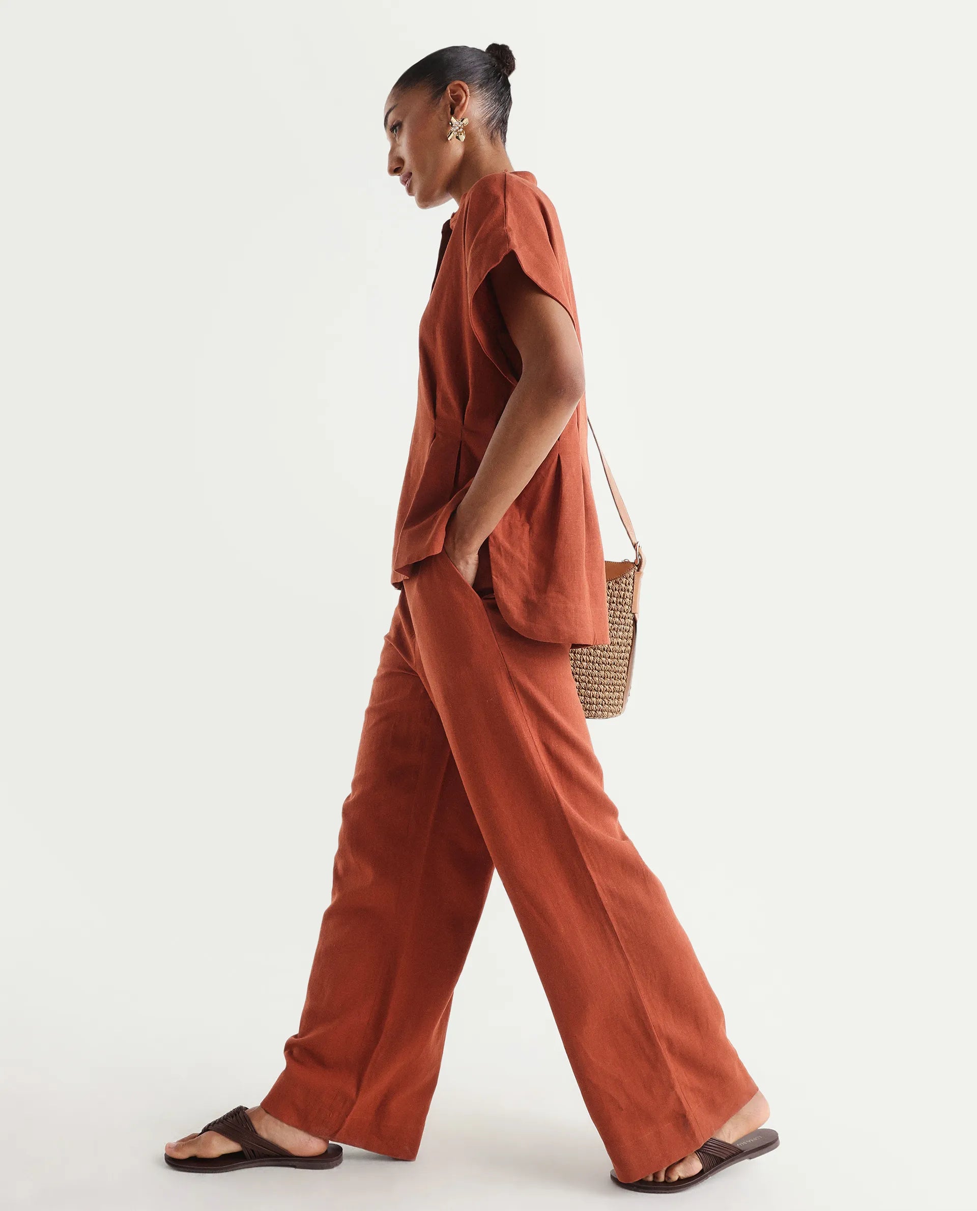 Rareism Women's Mappy-B Rust Linen Wide Plain Trouser