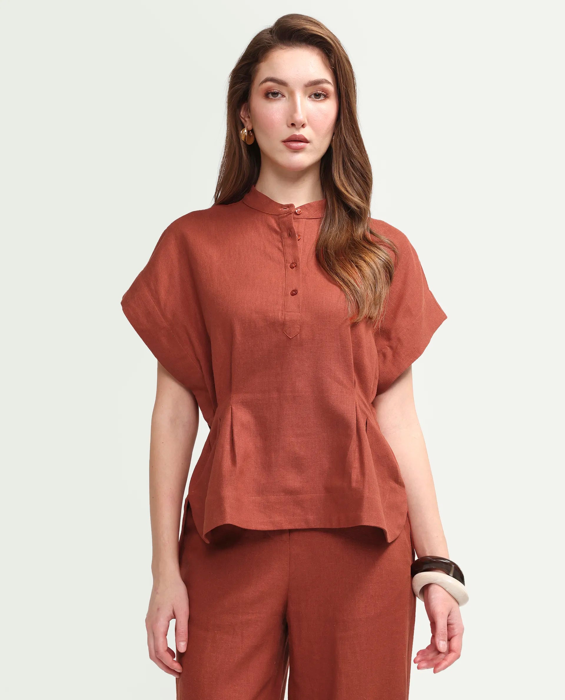 Rareism Women's Mappy-T Rust Linen Blend Half Sleeve Mandarin Collar Relaxed Top