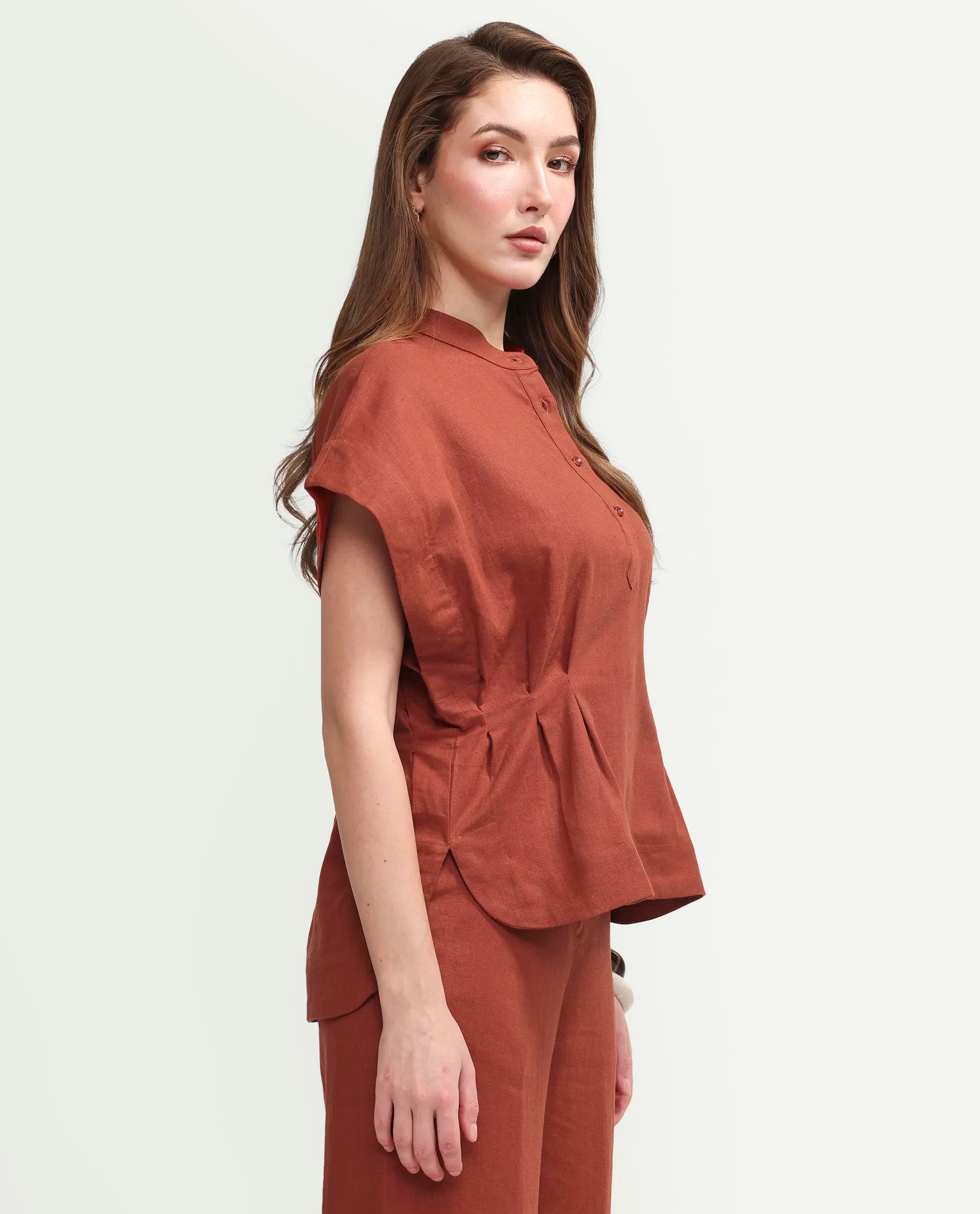 Rareism Women's Mappy-T Rust Linen Blend Half Sleeve Mandarin Collar Relaxed Top