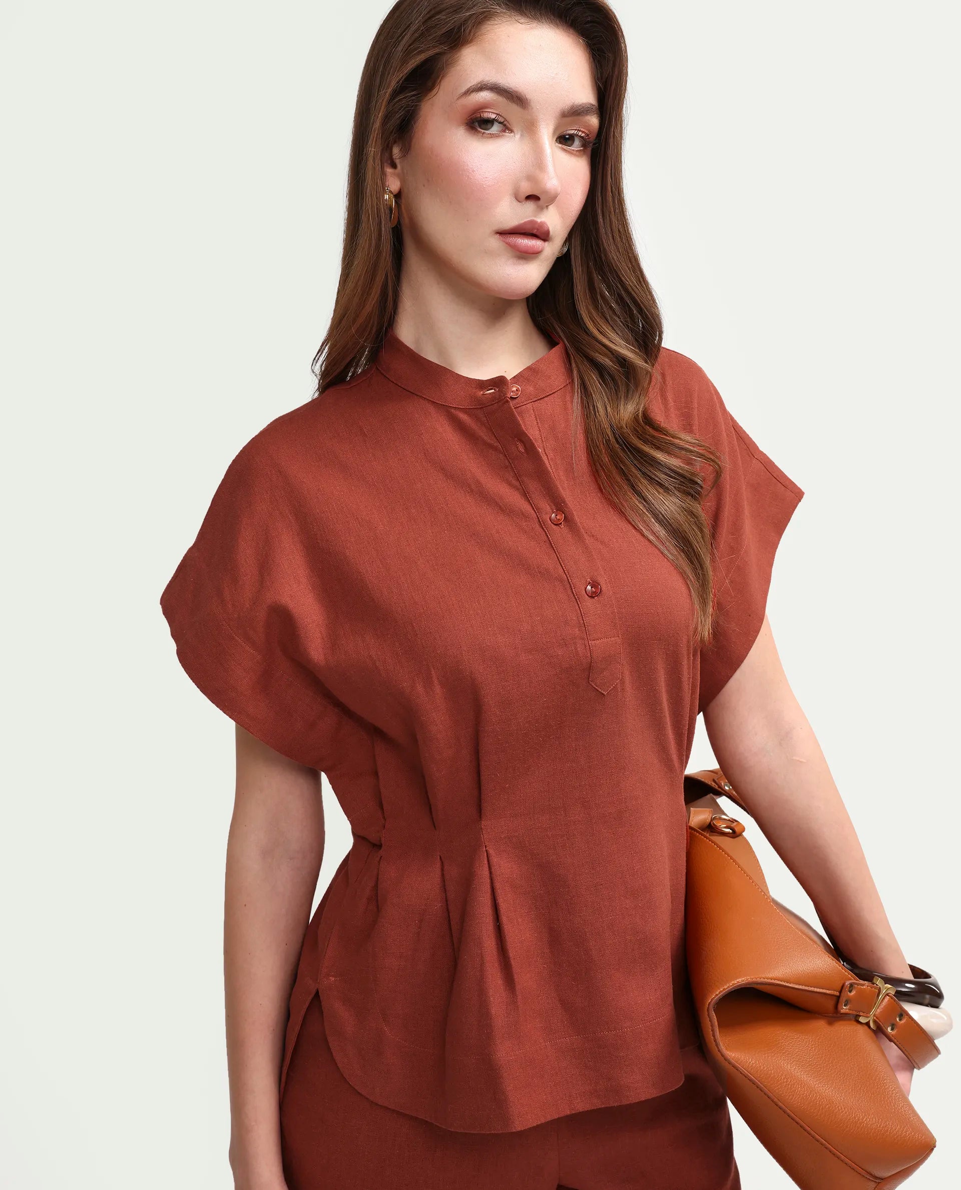 Rareism Women's Mappy-T Rust Linen Blend Half Sleeve Mandarin Collar Relaxed Top