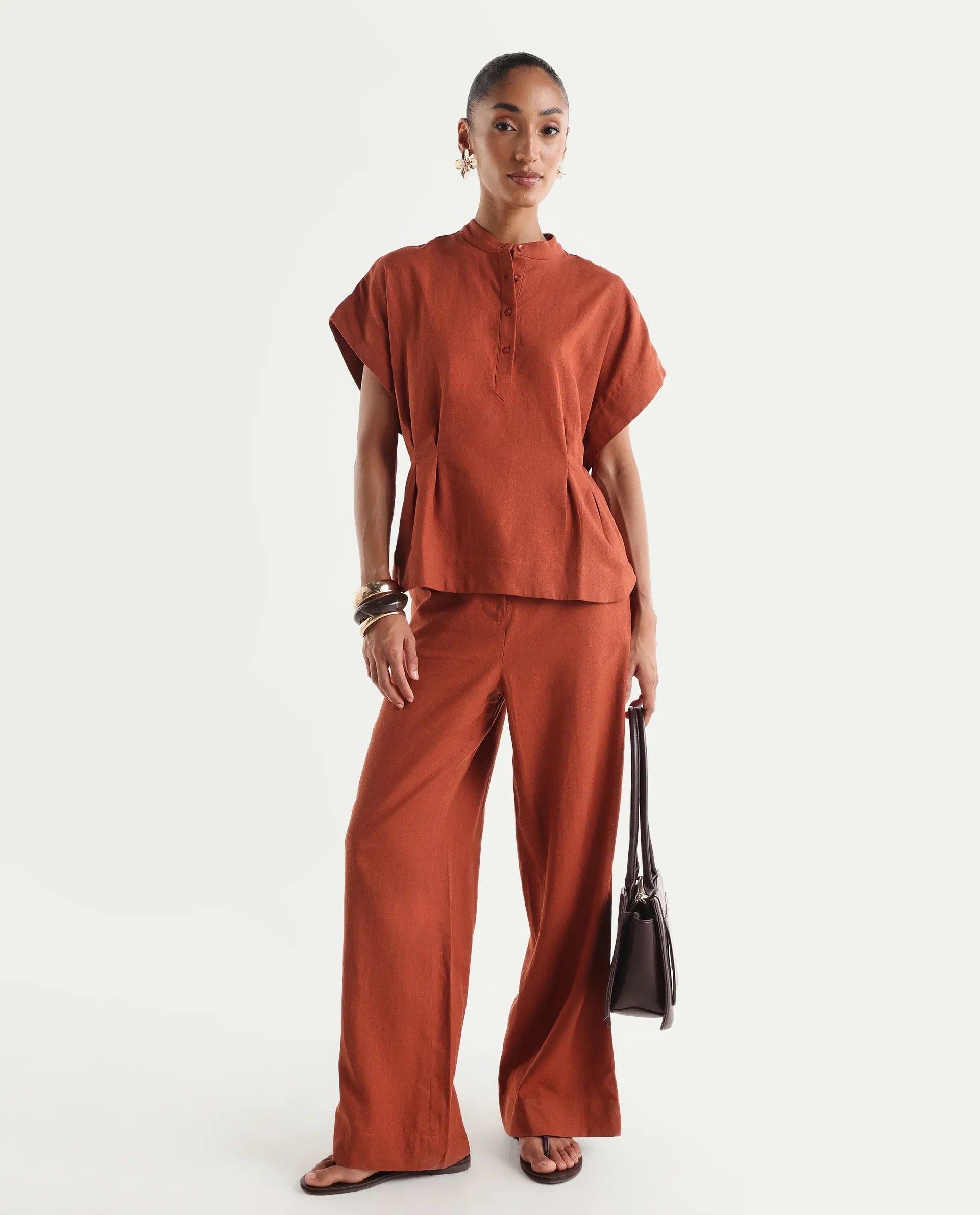 Rareism Women's Mappy-T Rust Linen Half Sleeve Mandarin Collar Relaxed Top