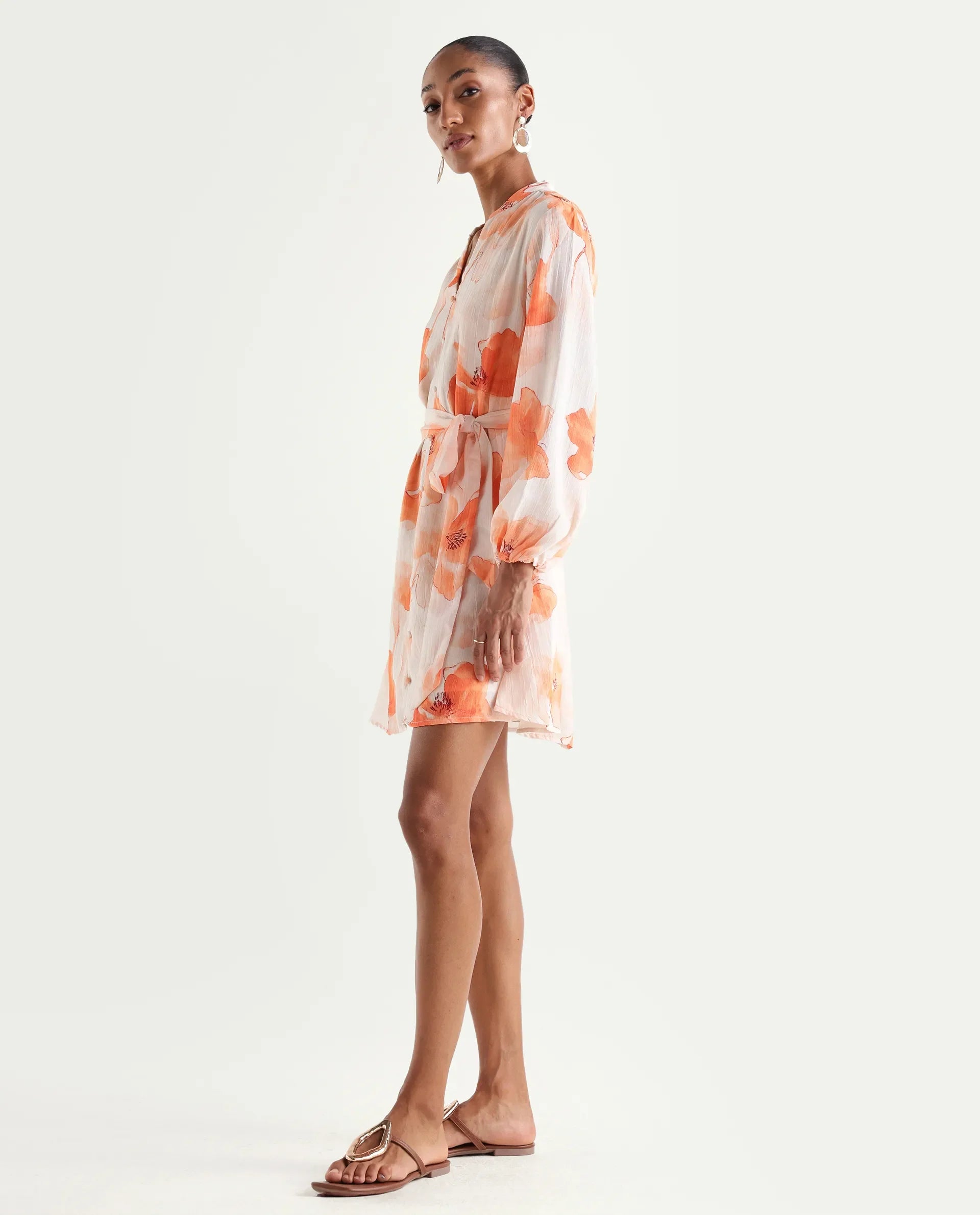Rareism Women's Memti Light Multi Polyester Full Sleeve Mandarin Collar A-Line Floral Print Dress