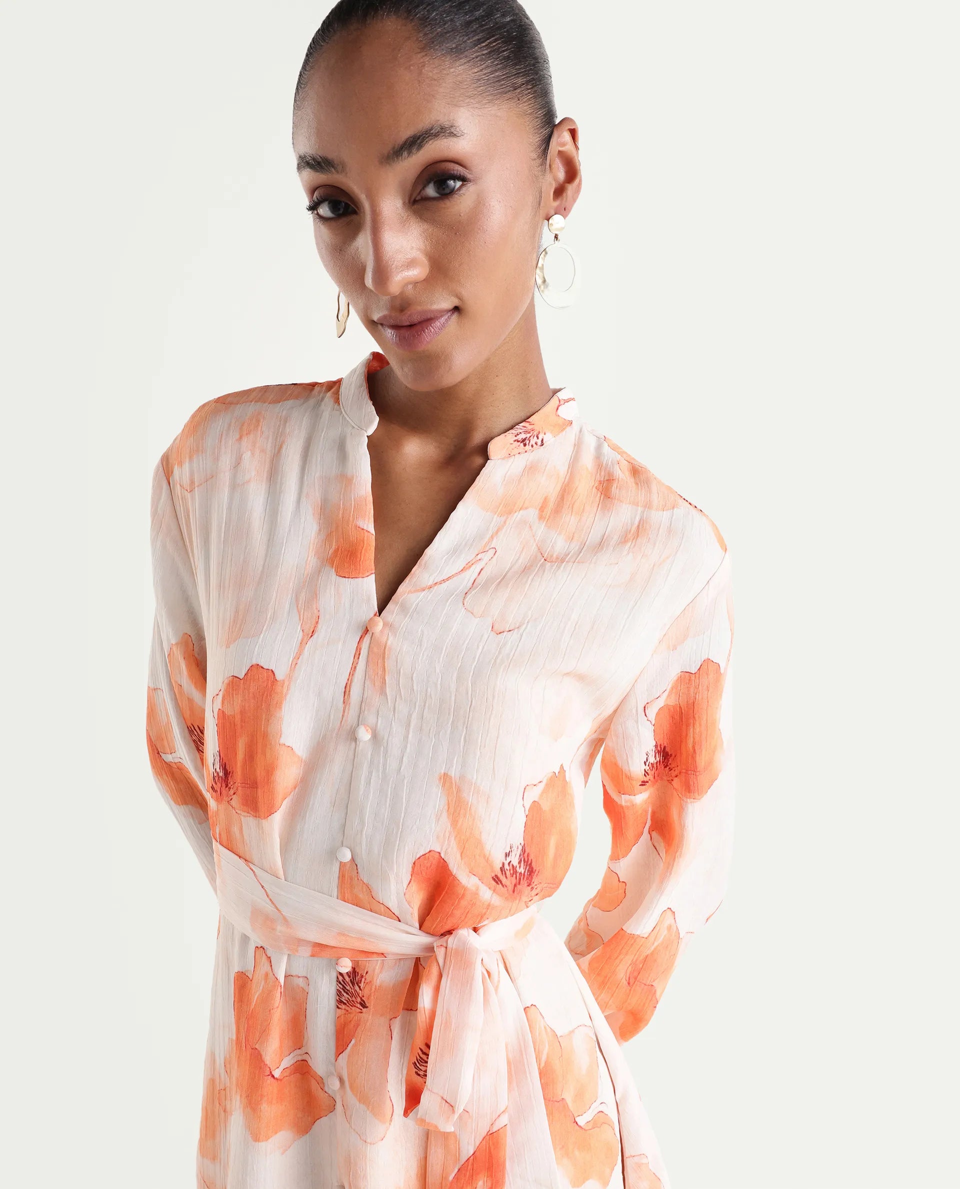 Rareism Women's Memti Light Multi Polyester Full Sleeve Mandarin Collar A-Line Floral Print Dress