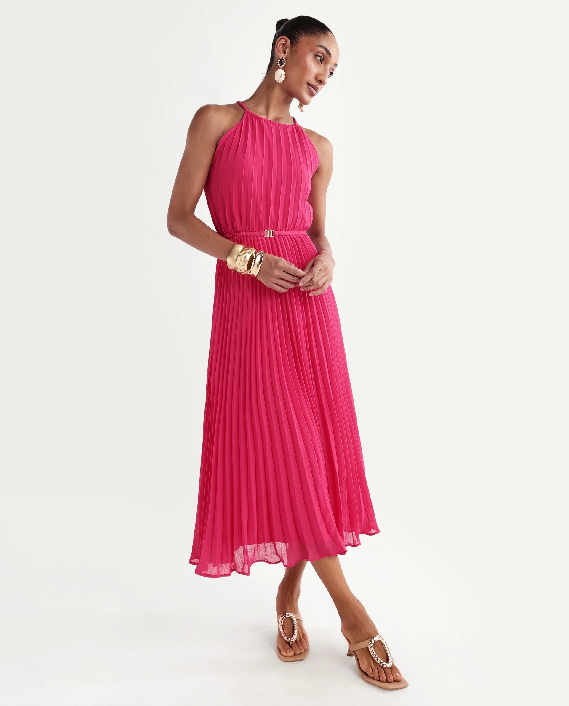 Rareism Women's Meplet Pink Polyester Sleeveless Halter Neck A-Line Dress