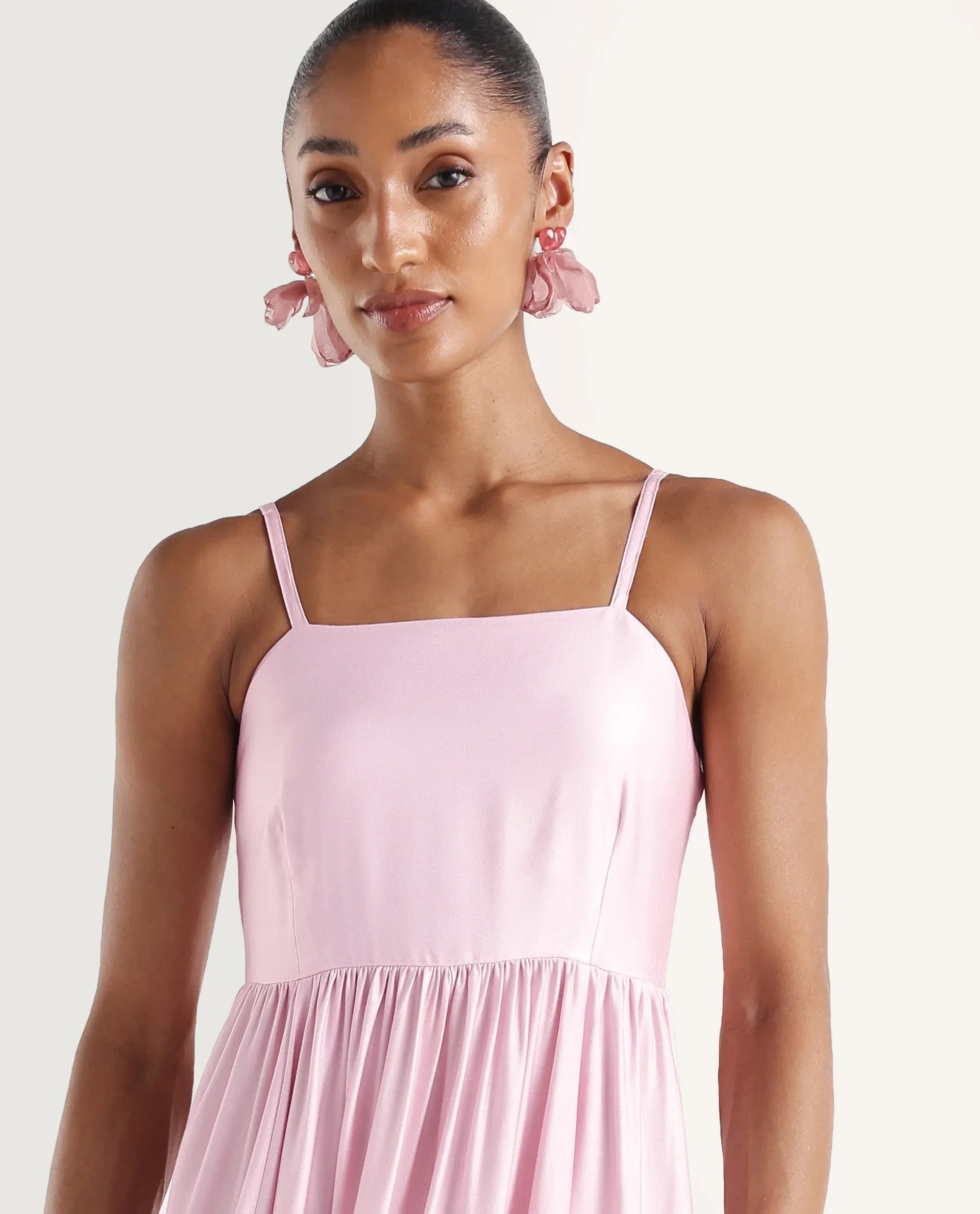Rareism Women's Mezozo Light Pink Cotton Satin Sleeveless Square Neck Fit And Flare Floral Print Dress