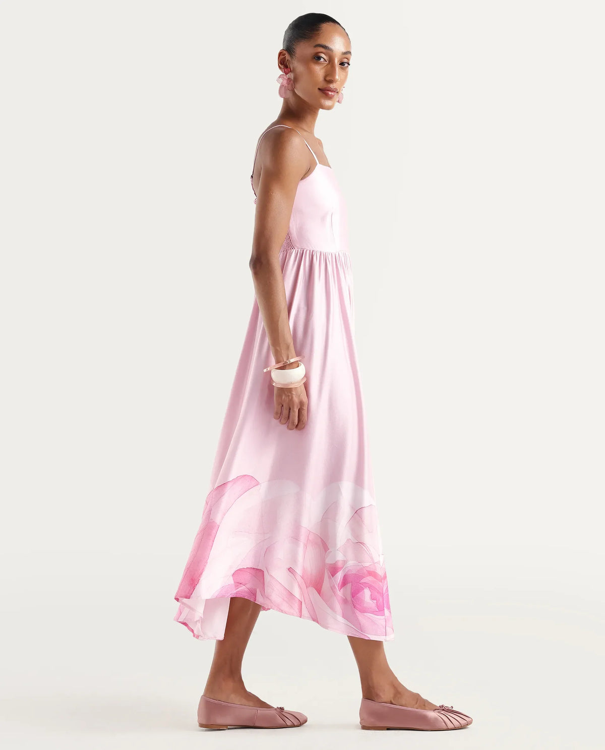 Rareism Women's Mezozo Light Pink Cotton Satin Sleeveless Square Neck Fit And Flare Floral Print Dress