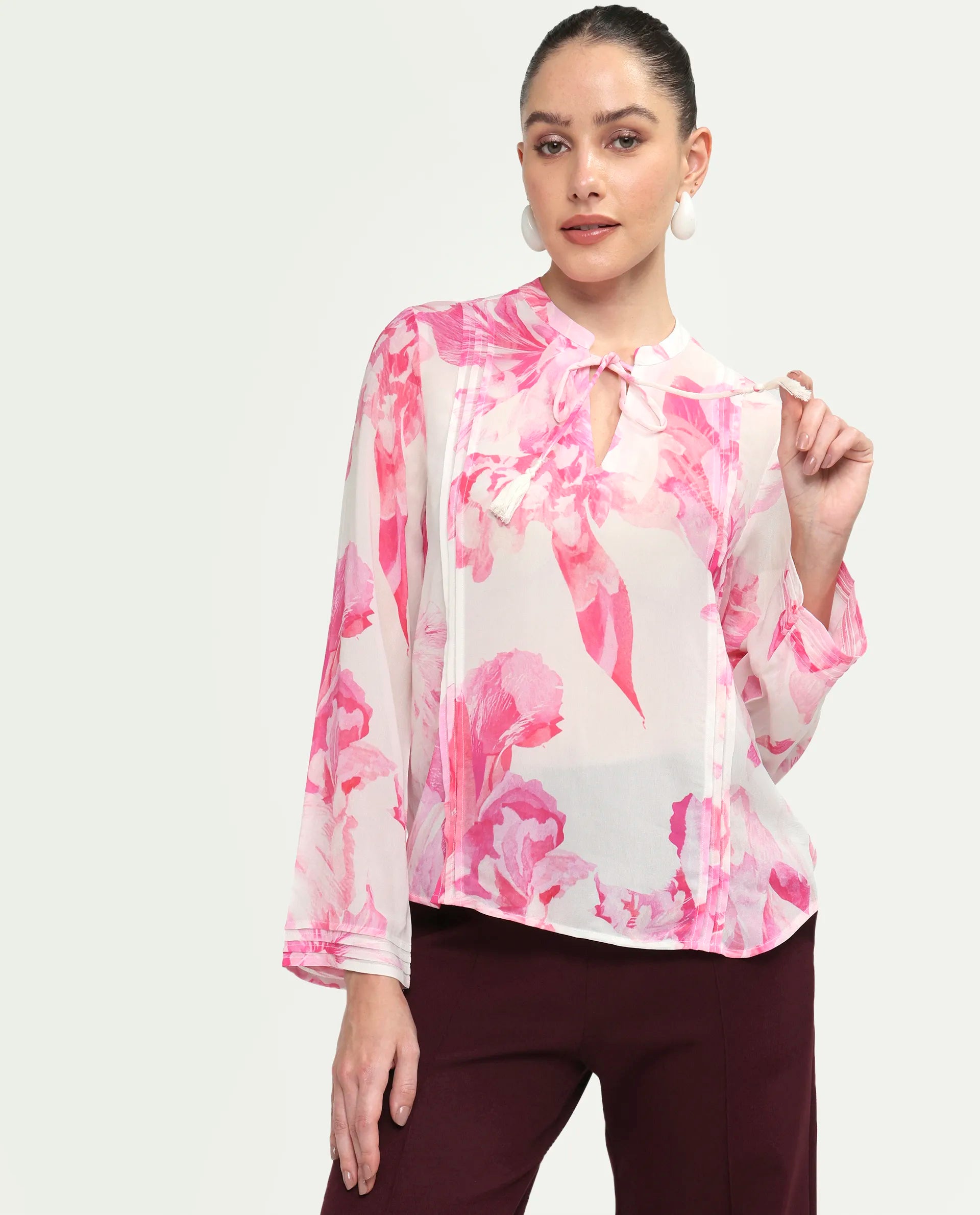 Rareism Women's Mijok Off White Viscose Full Sleeve Tie-Up Regular Floral Print Top