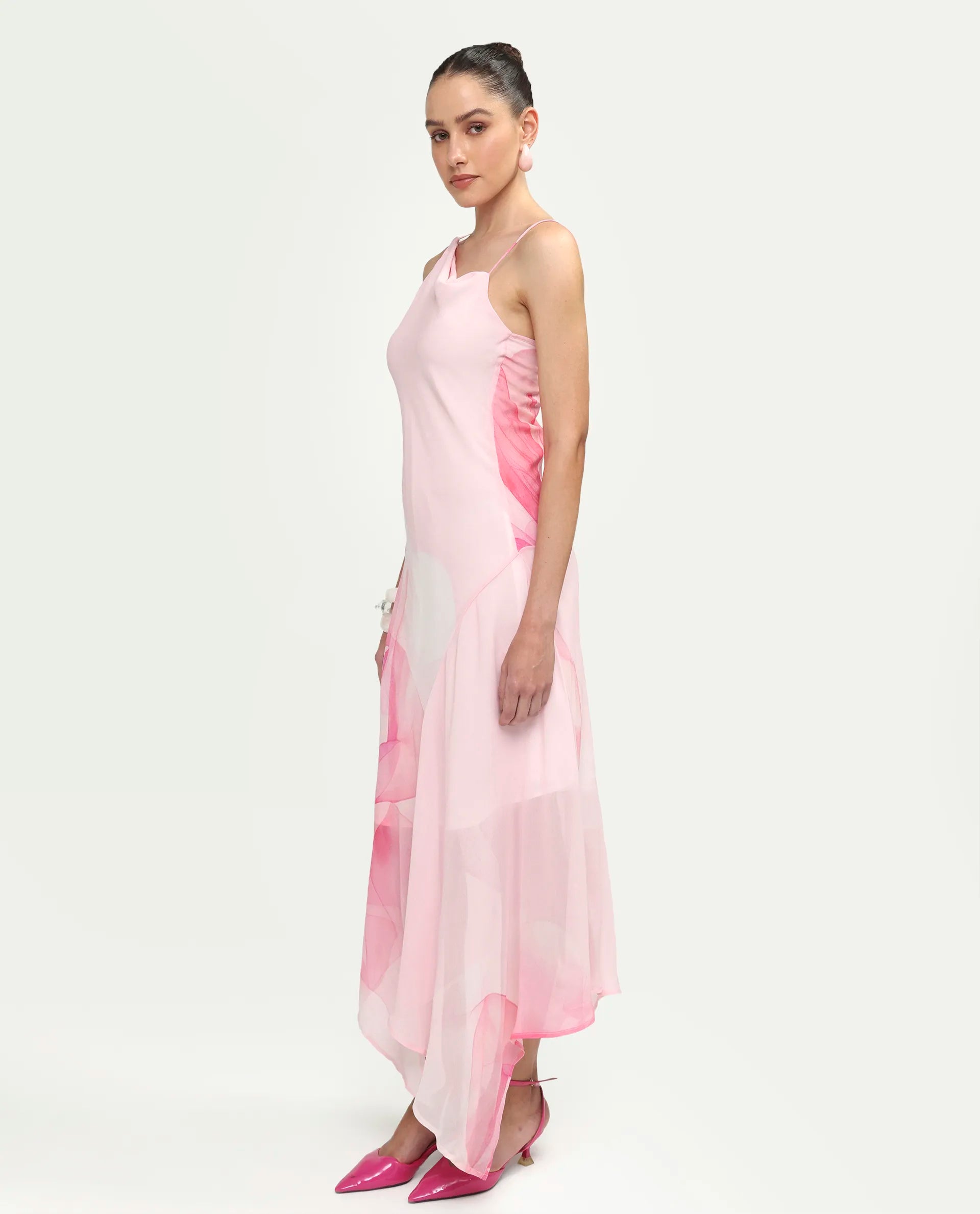 Rareism Women's Minzo Light Pink Viscose Sleeveless One Shoulder Asymmetric Floral Print Dress