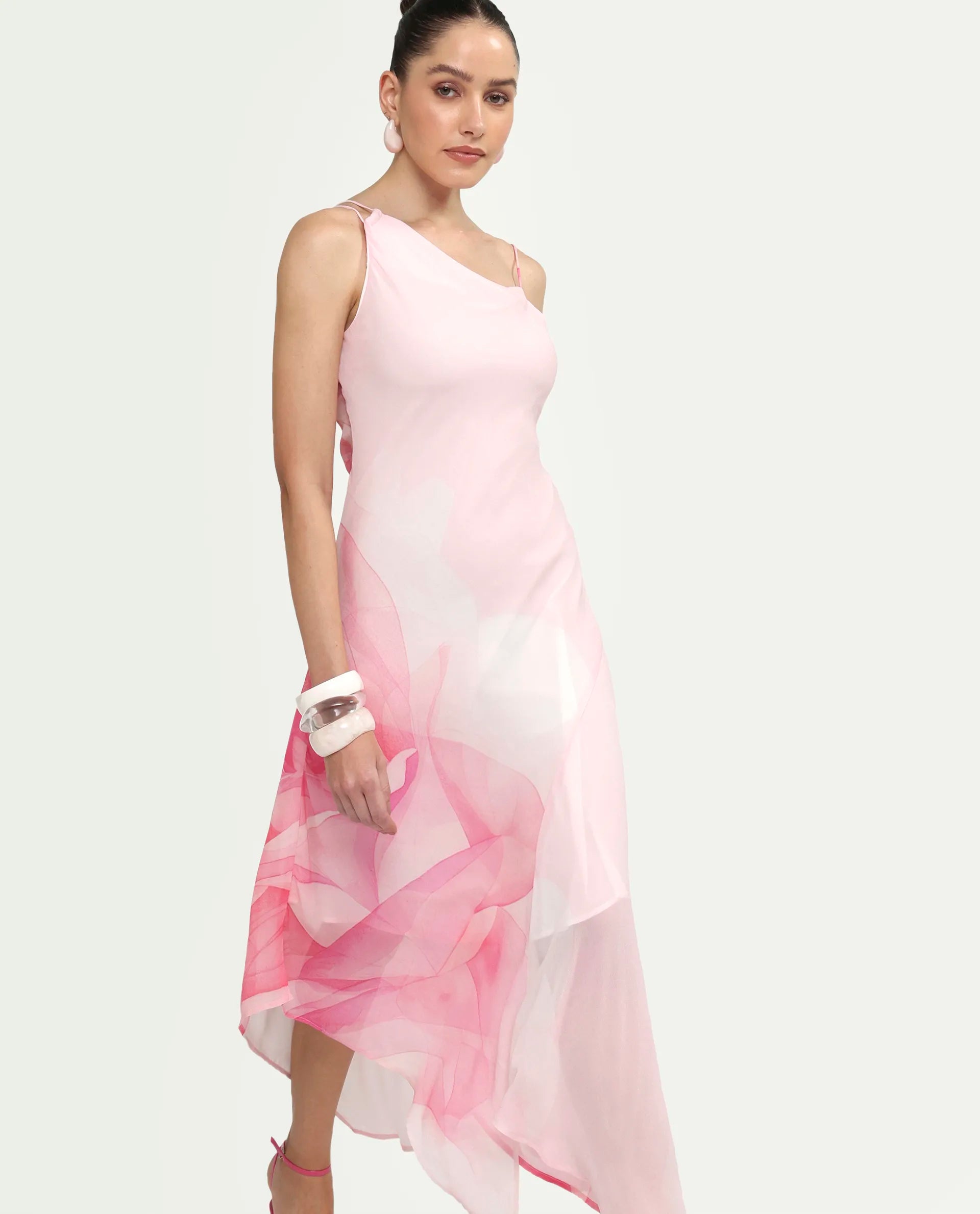 Rareism Women's Minzo Light Pink Viscose Sleeveless One Shoulder Asymmetric Floral Print Dress