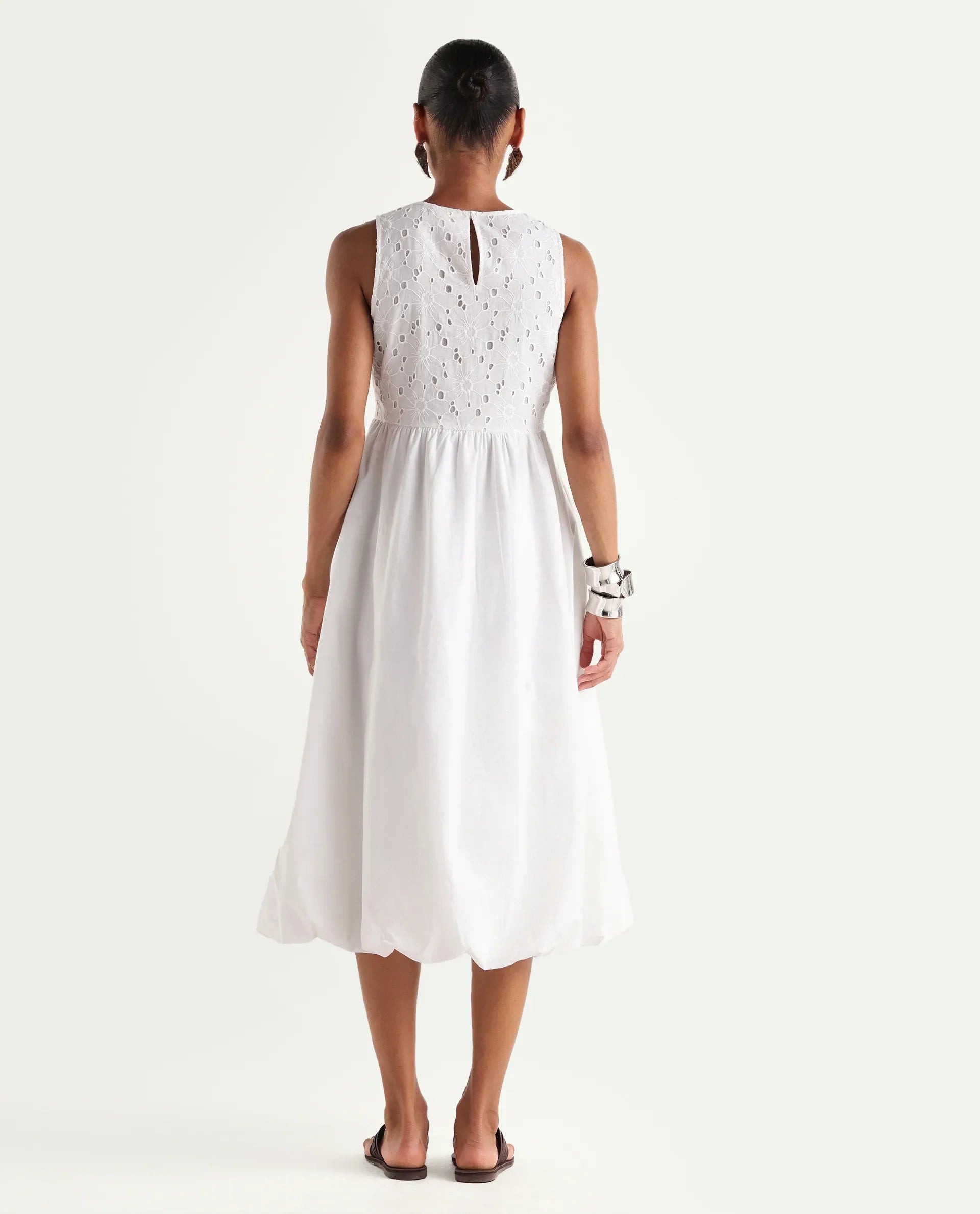 Rareism Women's Miso Off White Cotton Sleeveless Round Neck Fit And Flare Schiffli Dress