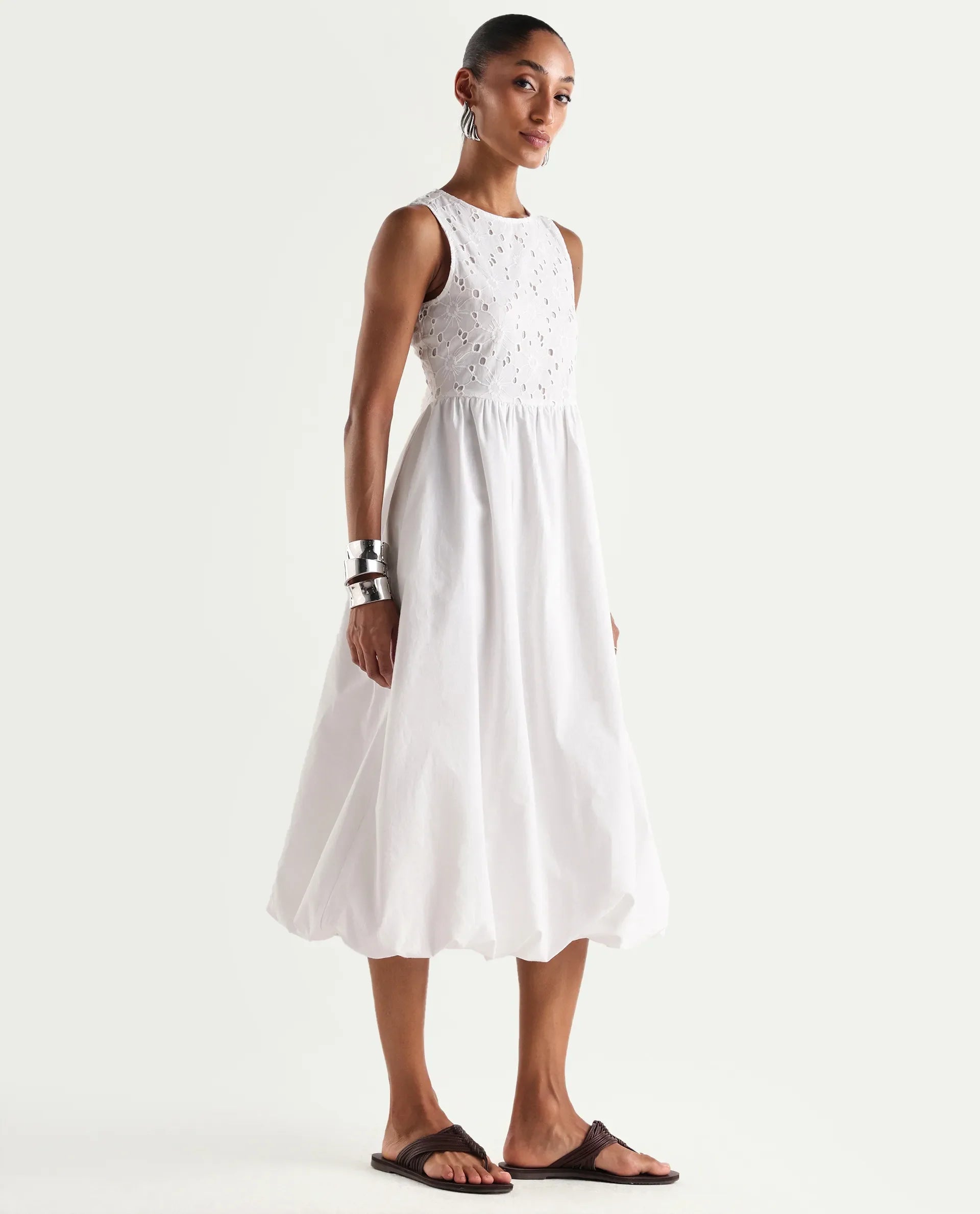 Rareism Women's Miso Off White Cotton Sleeveless Round Neck Fit And Flare Schiffli Dress