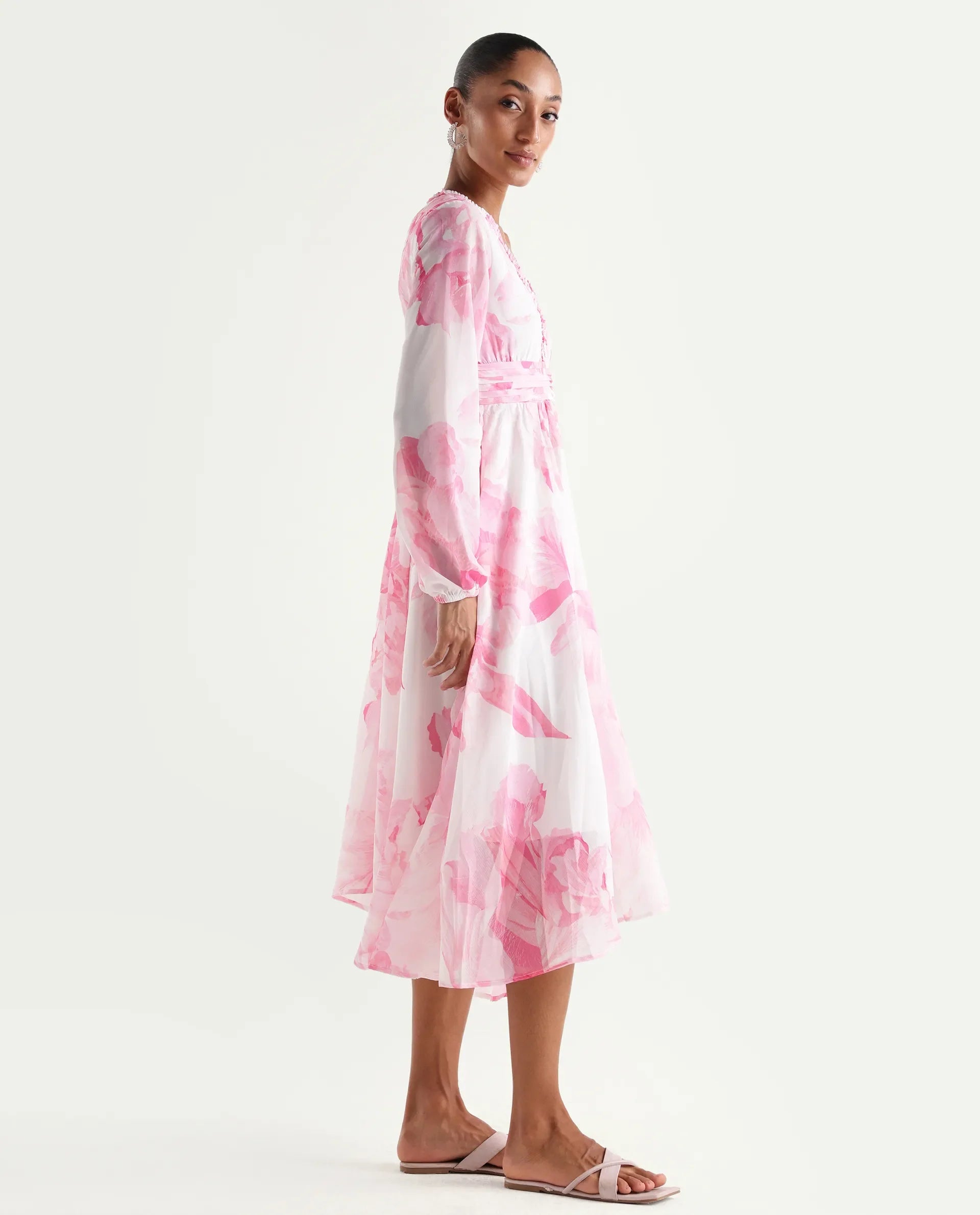 Rareism Women's Monfriko Off White Polyester Full Sleeve Ruffled Neck Fit And Flare Floral Print Dress
