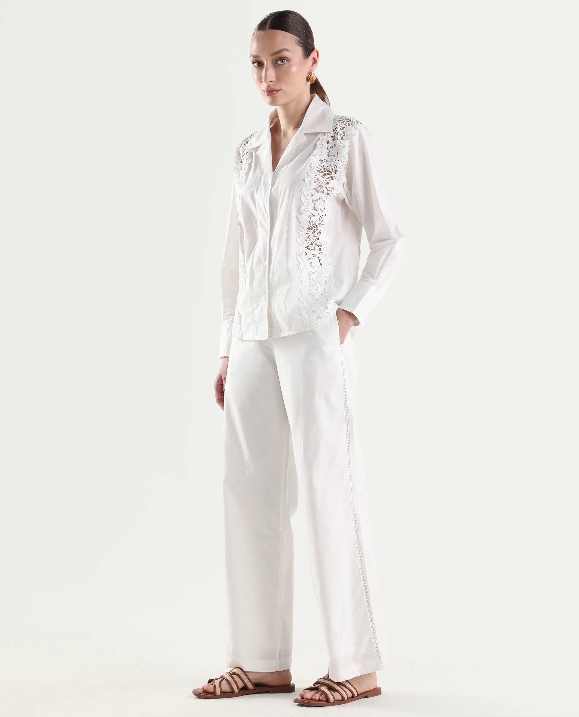 Rareism Women's Mysa-B Off White Cotton Blend Straight Plain Trouser