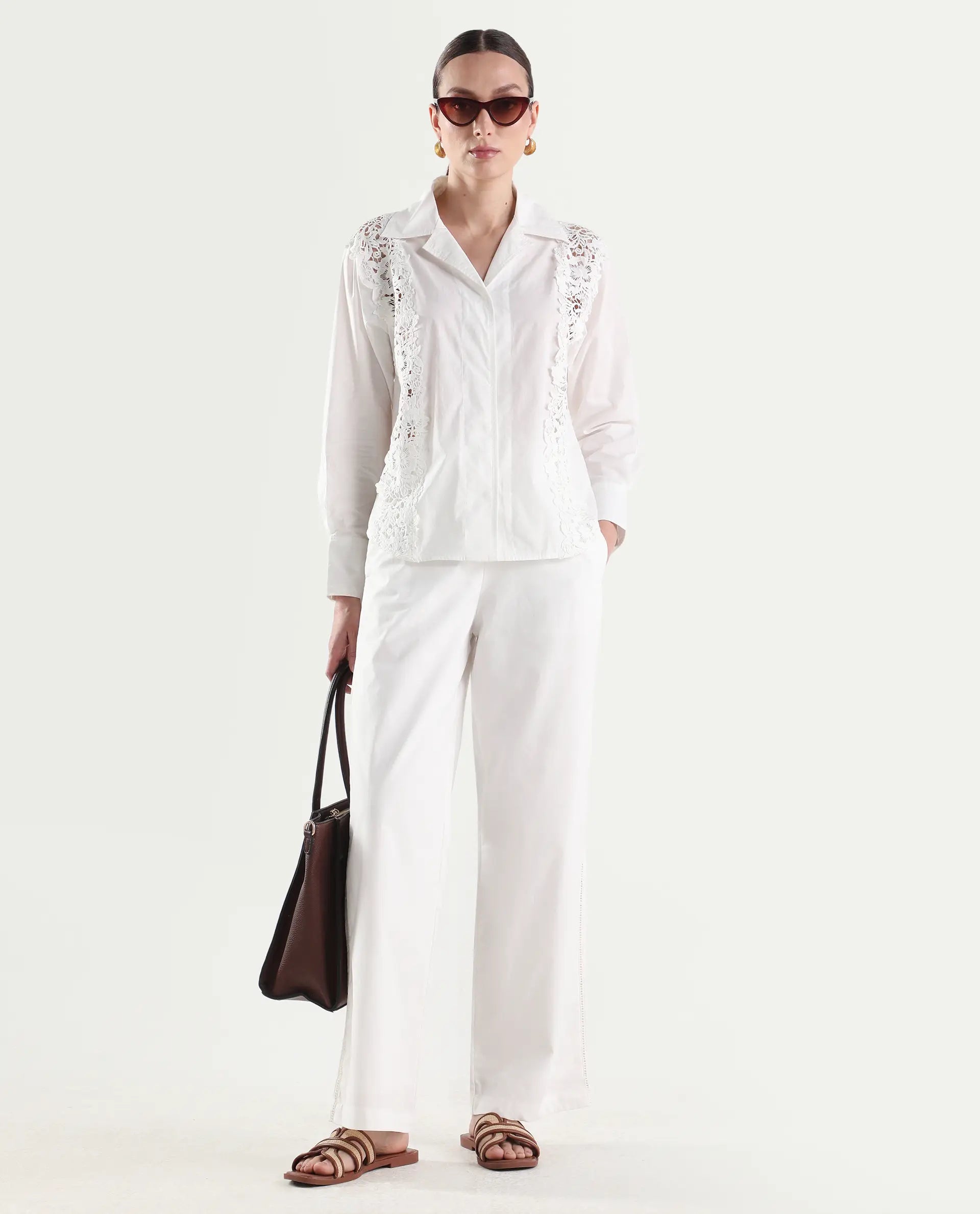 Rareism Women's Mysa-B Off White Cotton Blend Straight Plain Trouser