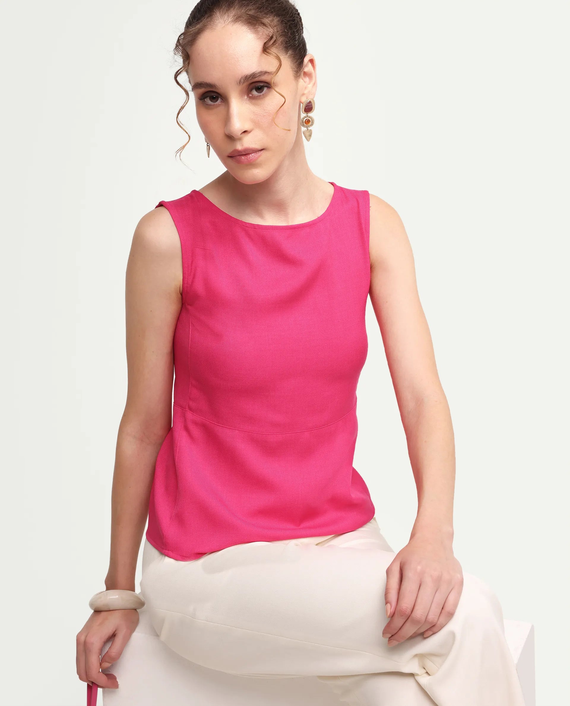 Rareism Women's Velan Pink Polyester Sleeveless Boat Neck Regular Top
