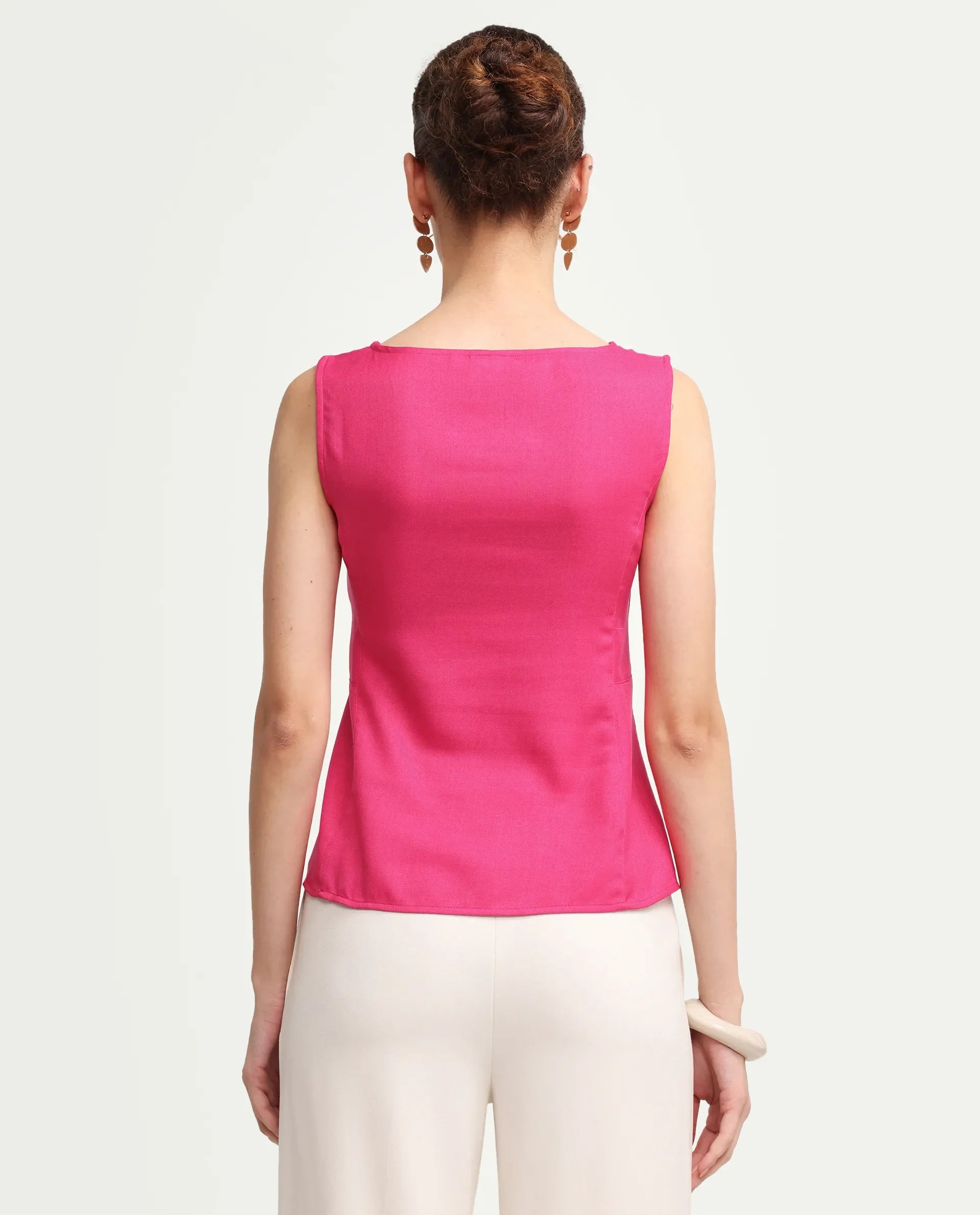 Rareism Women's Velan Pink Polyester Sleeveless Boat Neck Regular Top