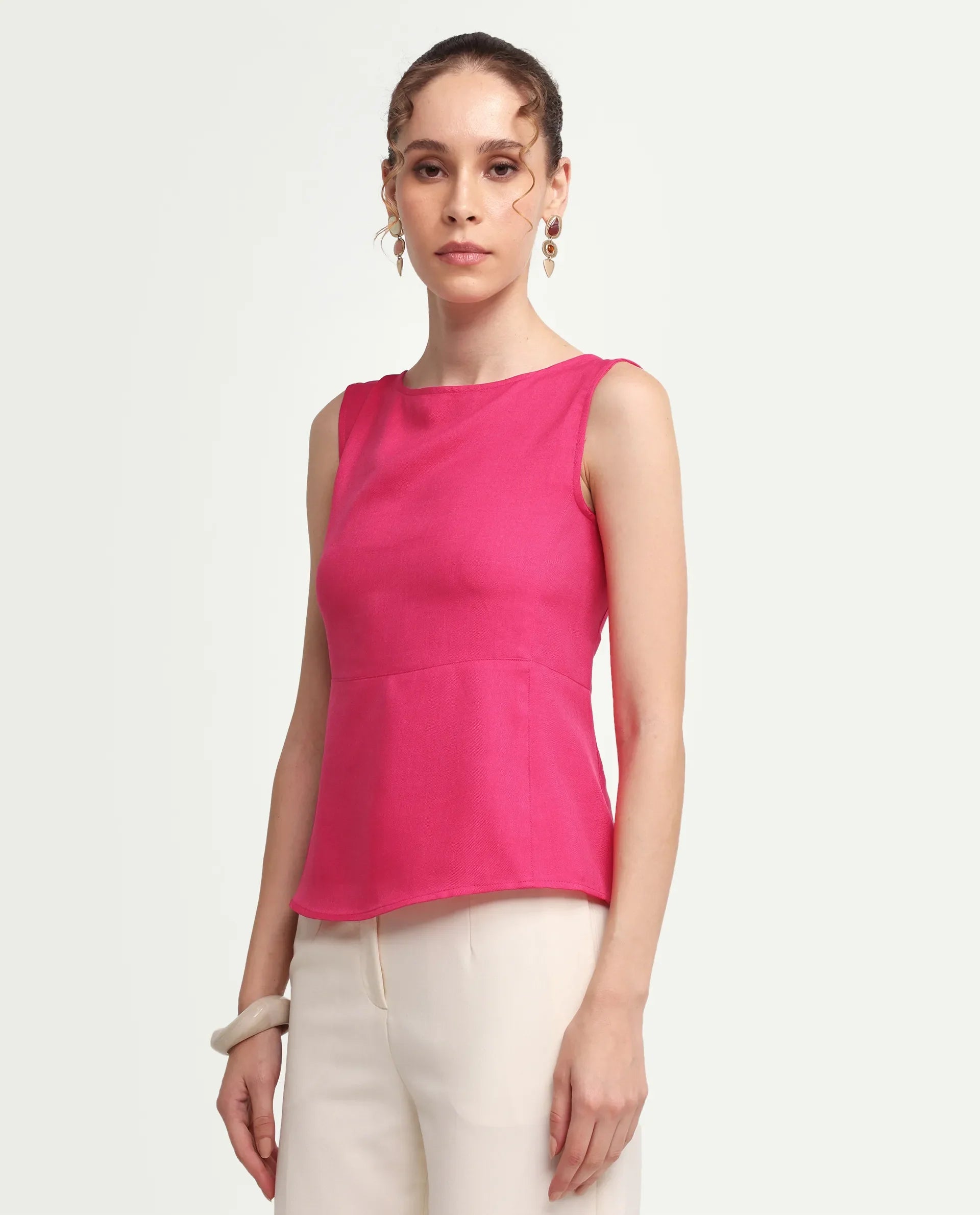 Rareism Women's Velan Pink Polyester Sleeveless Boat Neck Regular Top