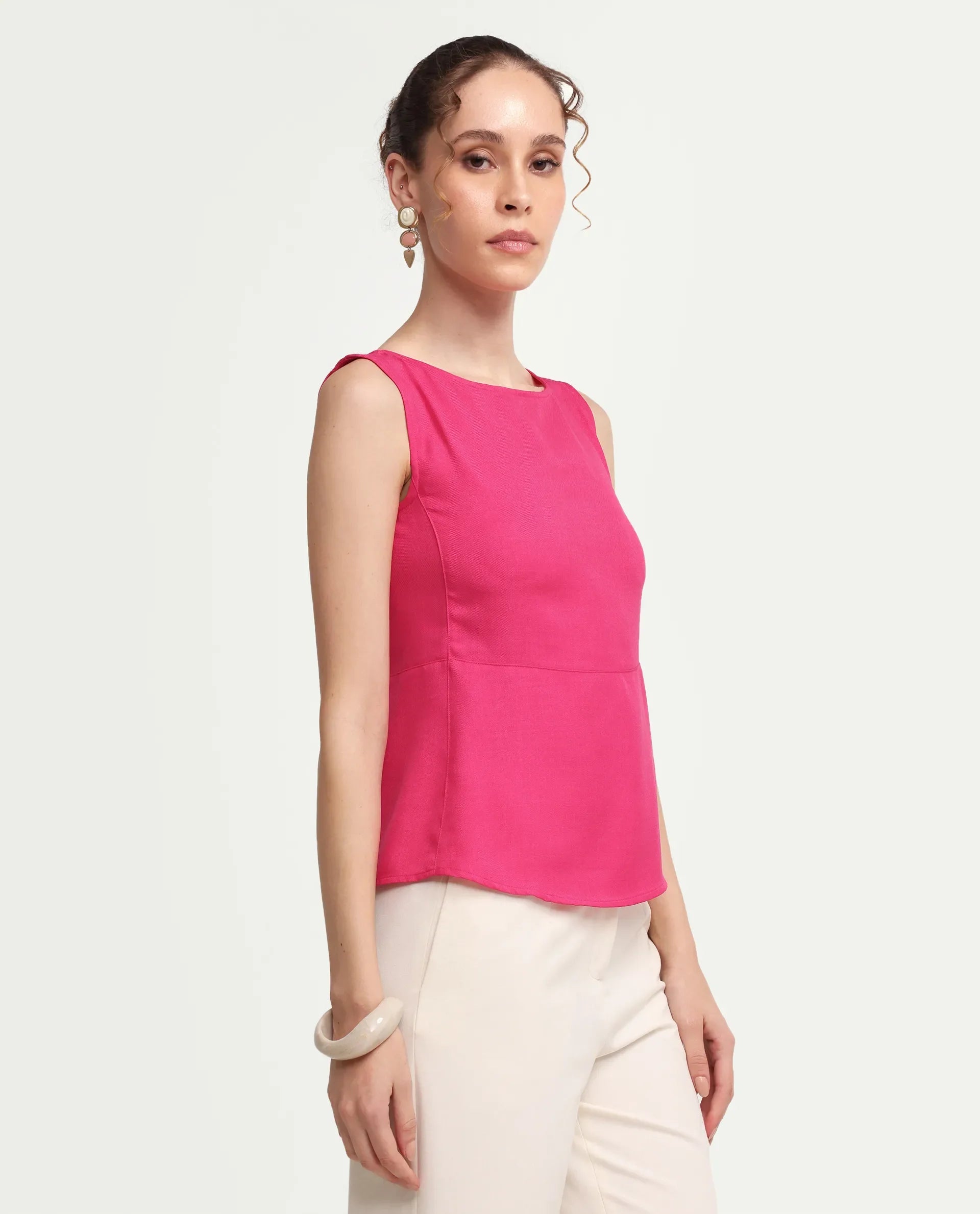 Rareism Women's Velan Pink Polyester Sleeveless Boat Neck Regular Top