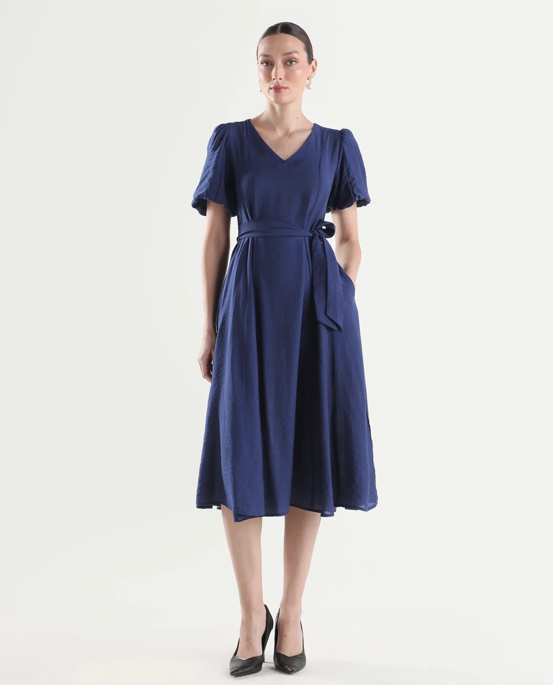 Rareism Women's Addvan Navy Half Sleeve V-Neck A-Line Plain Dress