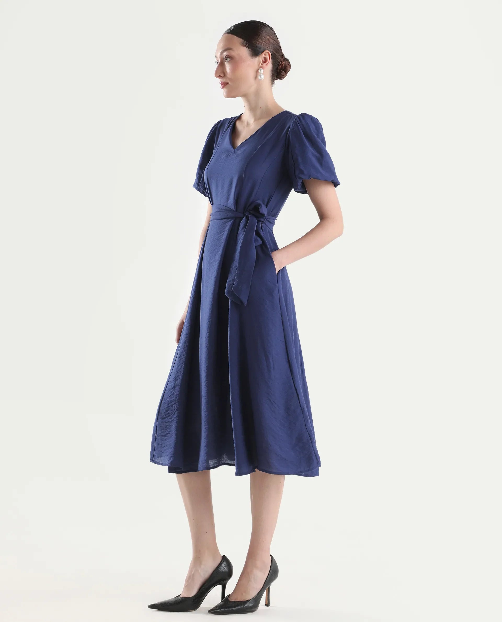 Rareism Women's Addvan Navy Half Sleeve V-Neck A-Line Plain Dress