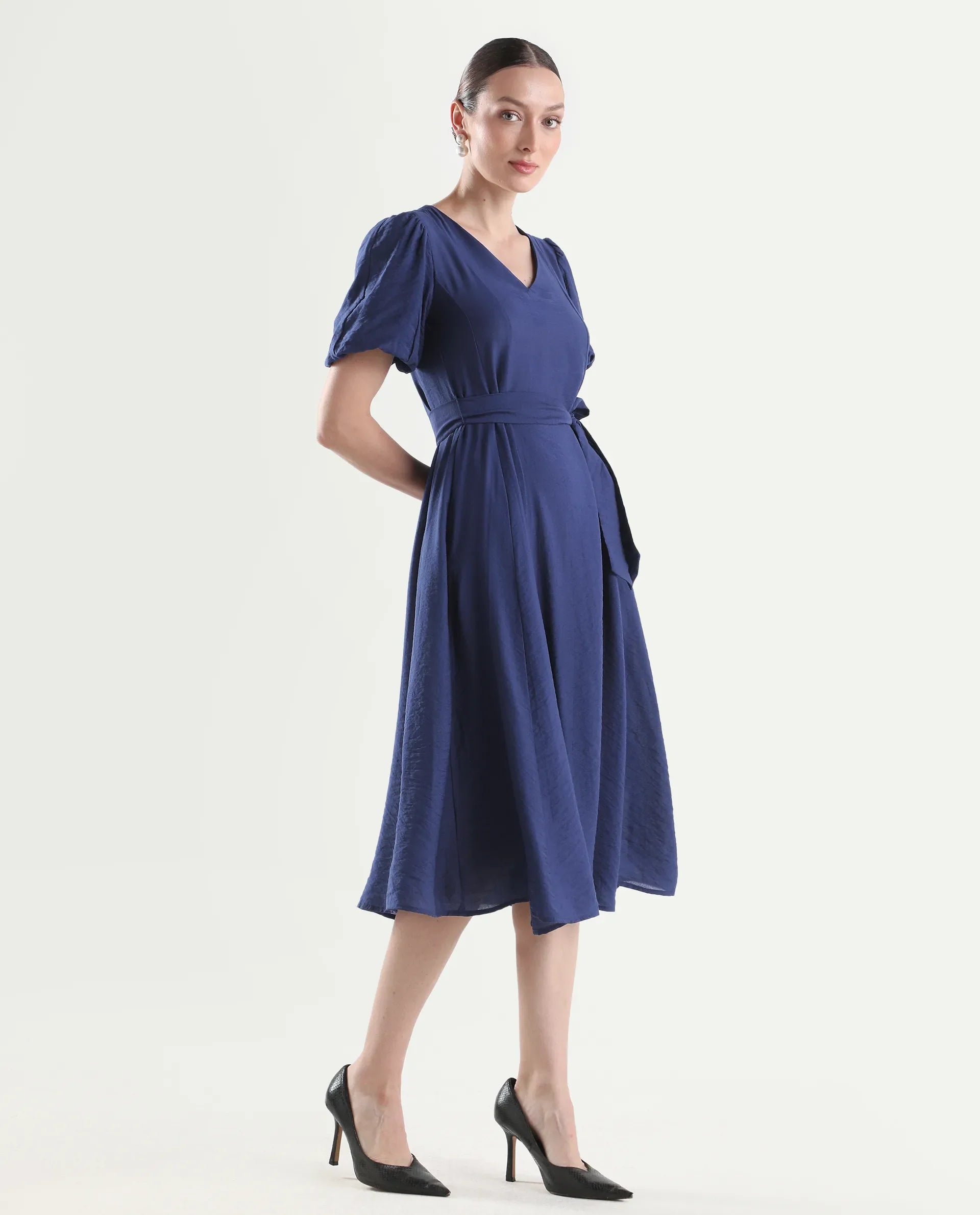 Rareism Women's Addvan Navy Half Sleeve V-Neck A-Line Plain Dress