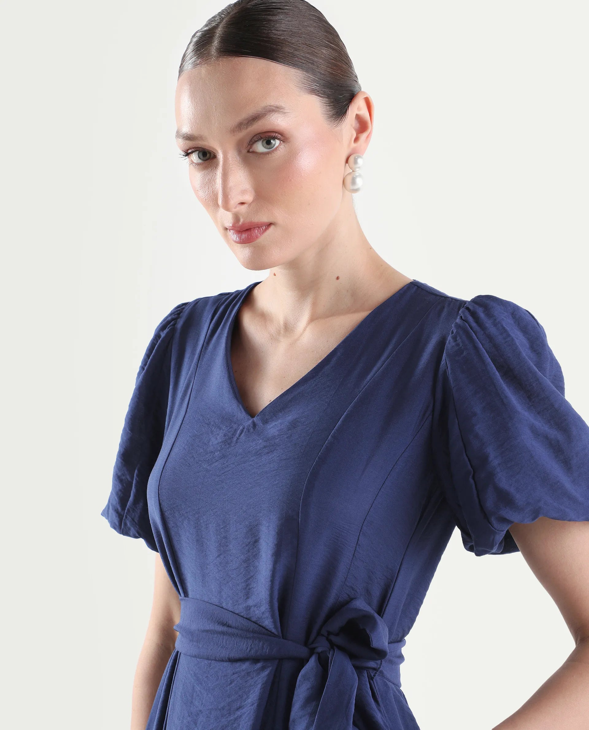 Rareism Women's Addvan Navy Half Sleeve V-Neck A-Line Plain Dress