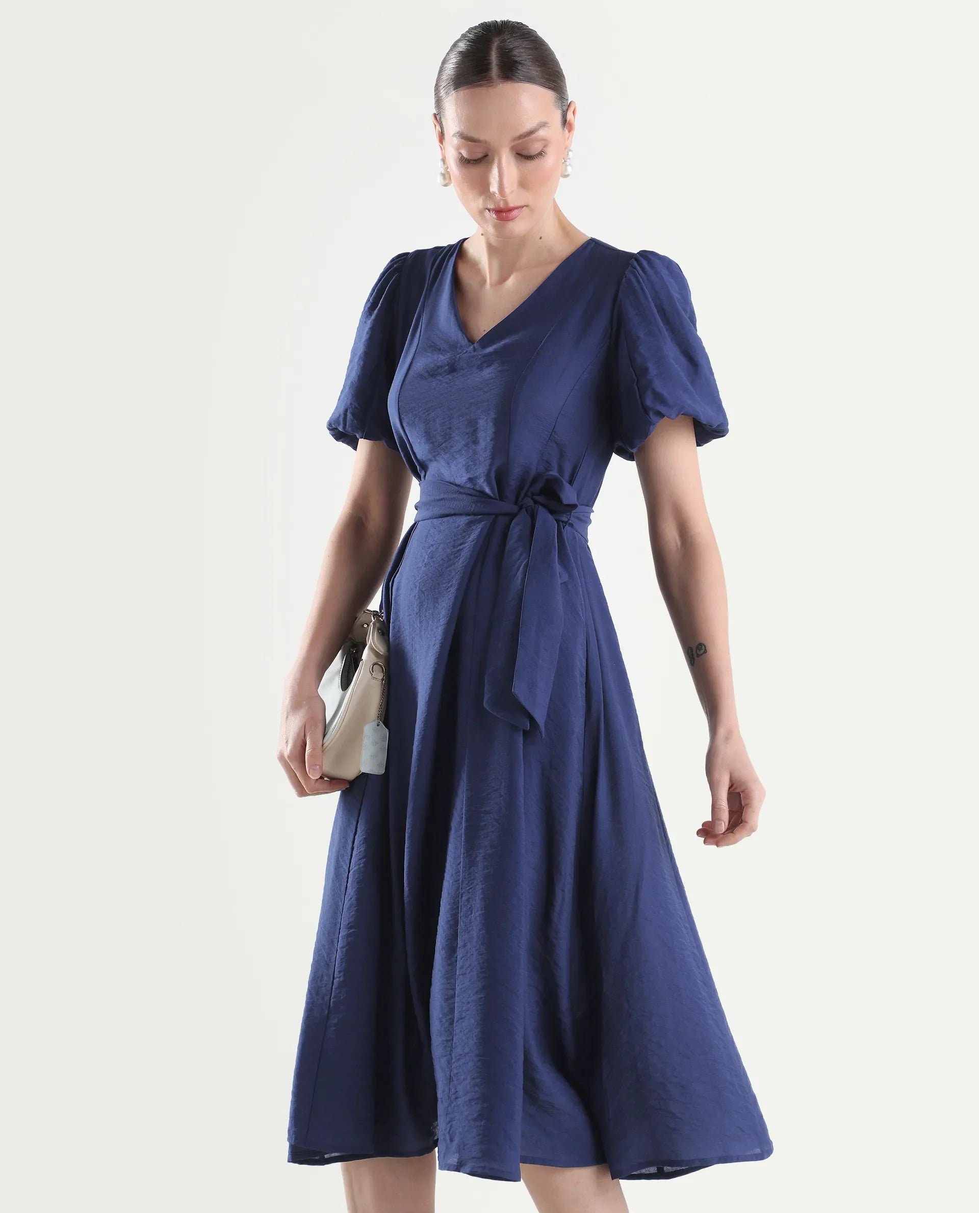 Rareism Women's Addvan Navy Half Sleeve V-Neck A-Line Plain Dress