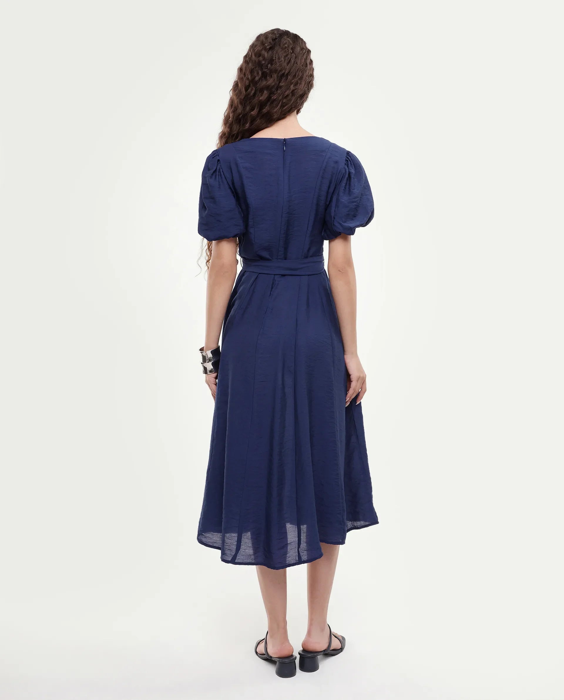 Rareism Women's Addvan Navy Half Sleeve V-Neck A-Line Plain Dress