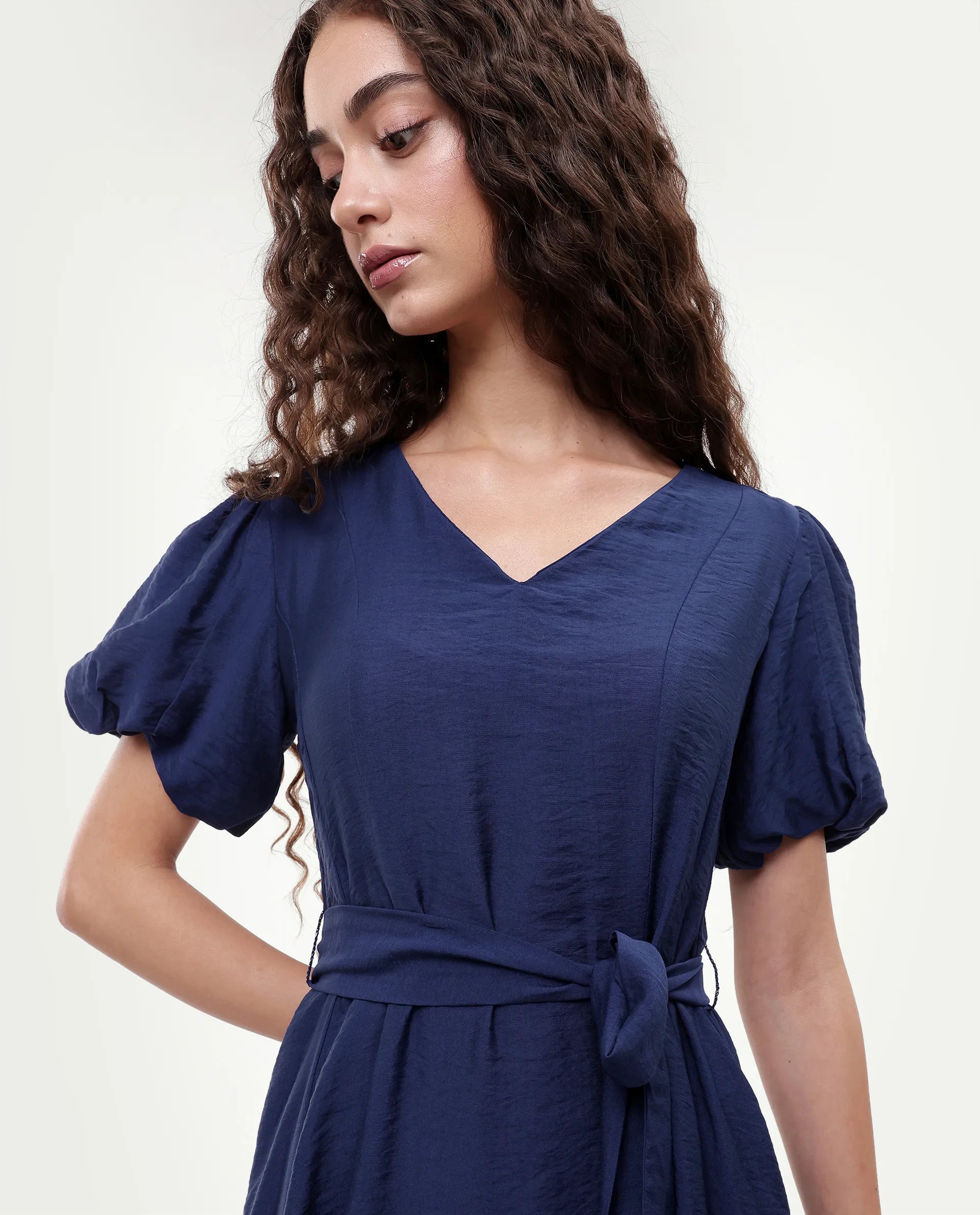 Rareism Women's Addvan Navy Half Sleeve V-Neck A-Line Plain Dress