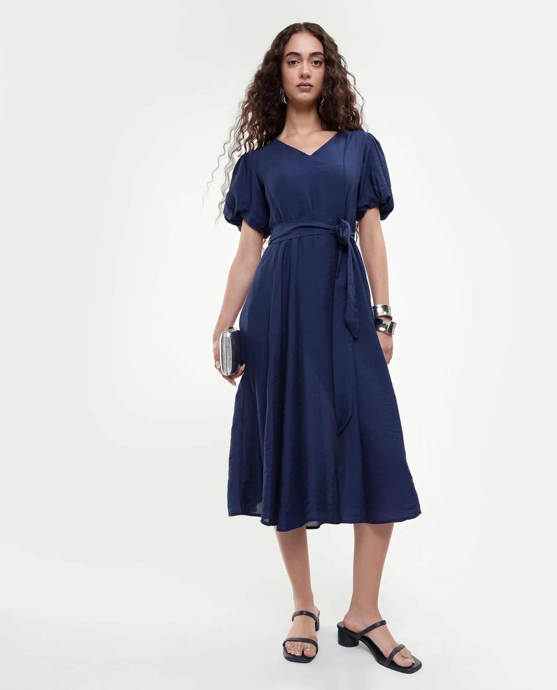 Rareism Women's Addvan Navy Half Sleeve V-Neck A-Line Plain Dress