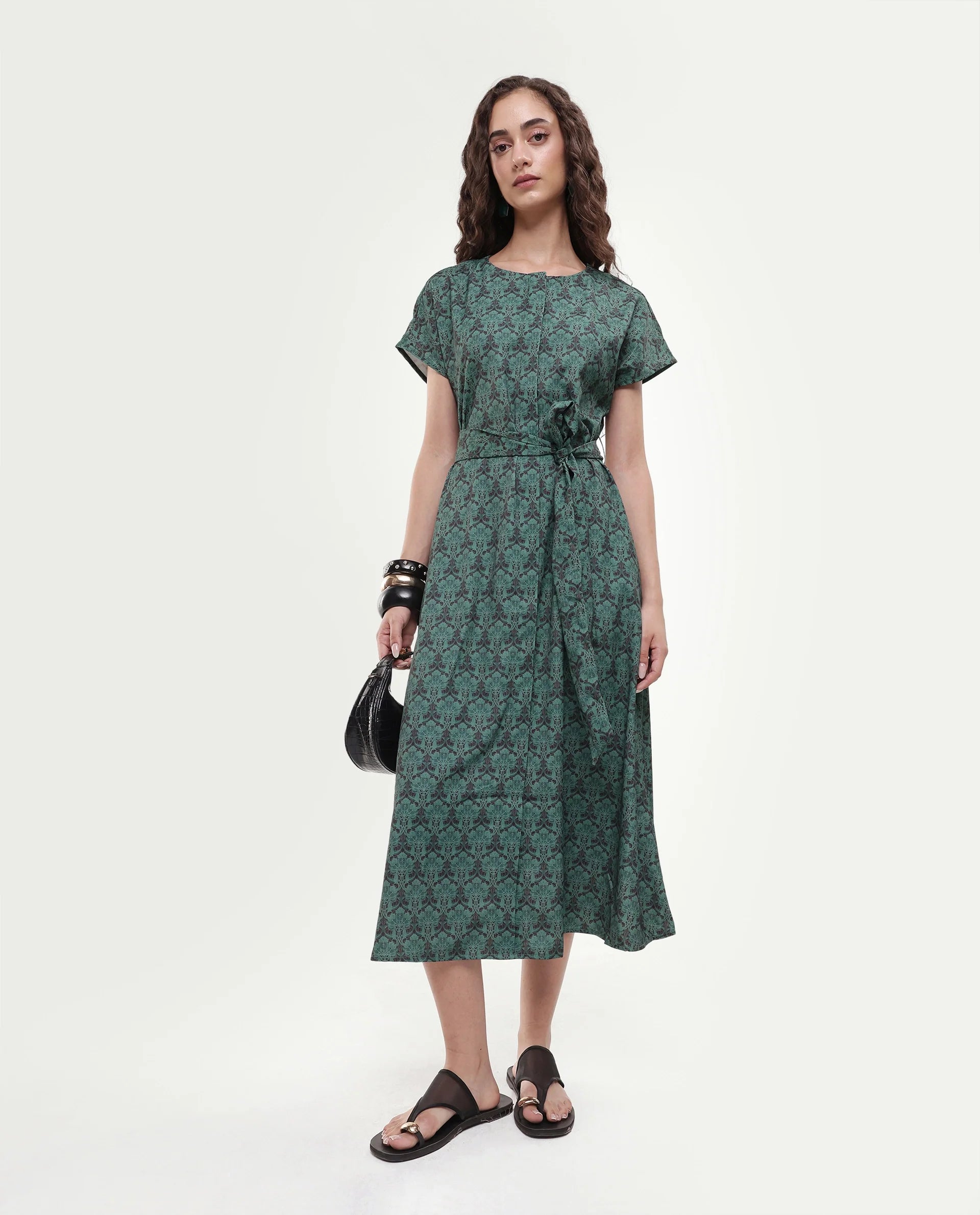 Rareism Women's Addani Dark Green Polyester Fabric Half Sleeve Crew Neck A-Line Floral Print Dress