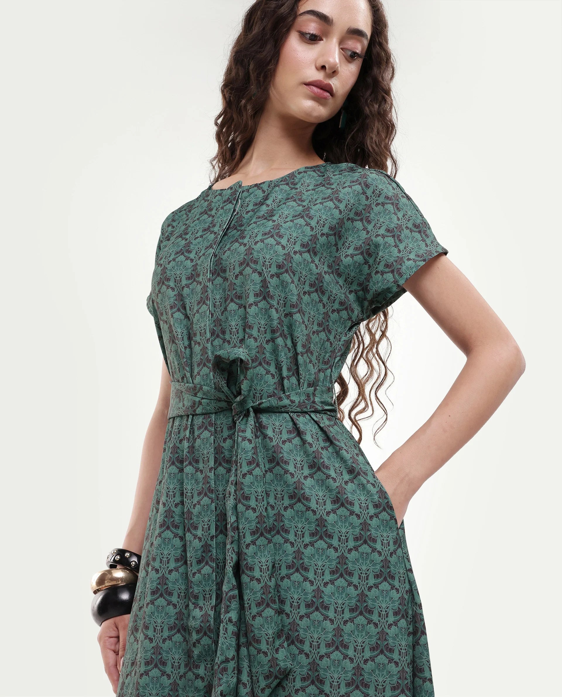 Rareism Women's Addani Dark Green Polyester Fabric Half Sleeve Crew Neck A-Line Floral Print Dress