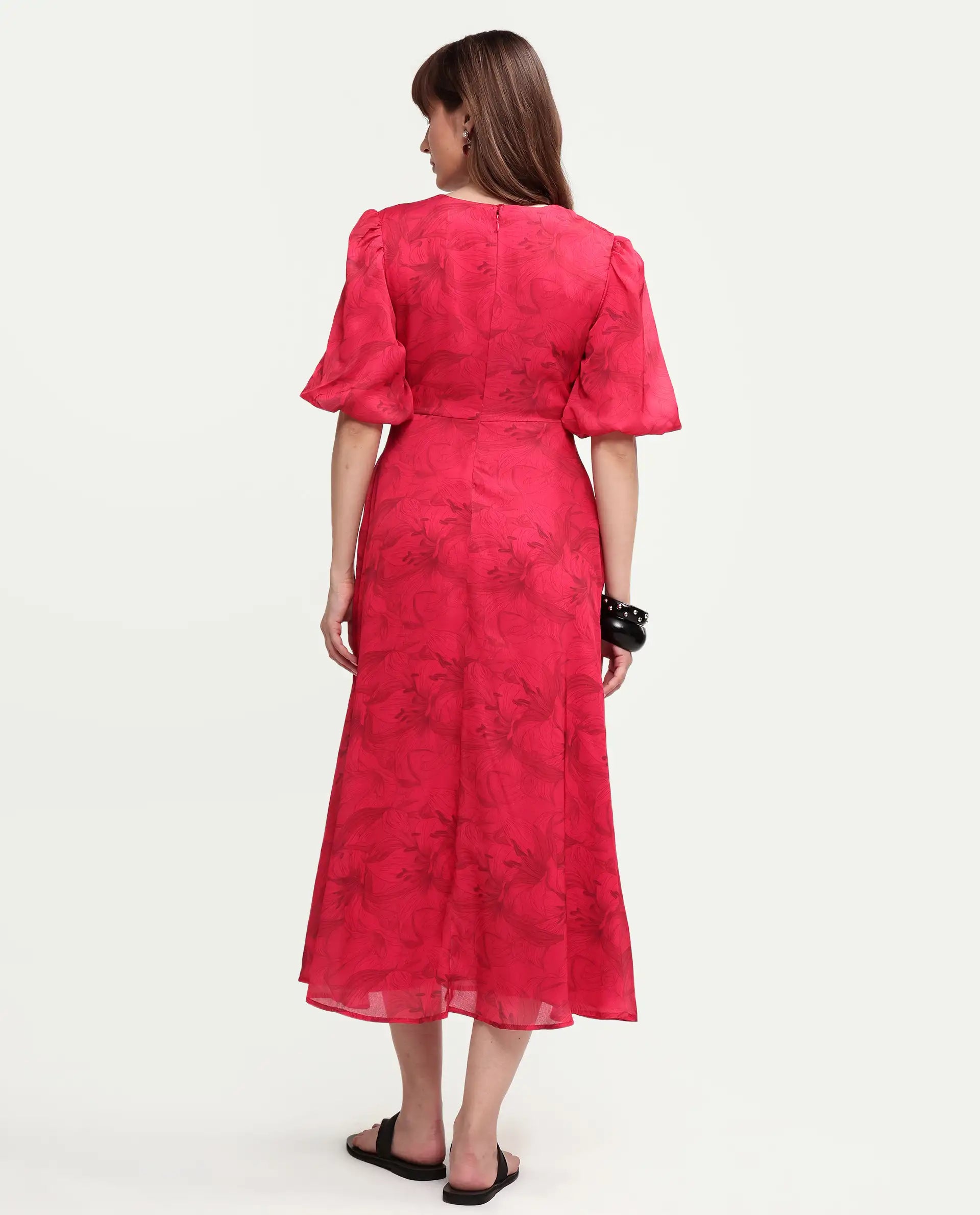 Rareism Women's Addkin Red Polyester Half Sleeve V-Neck A-Line Floral Print Dress