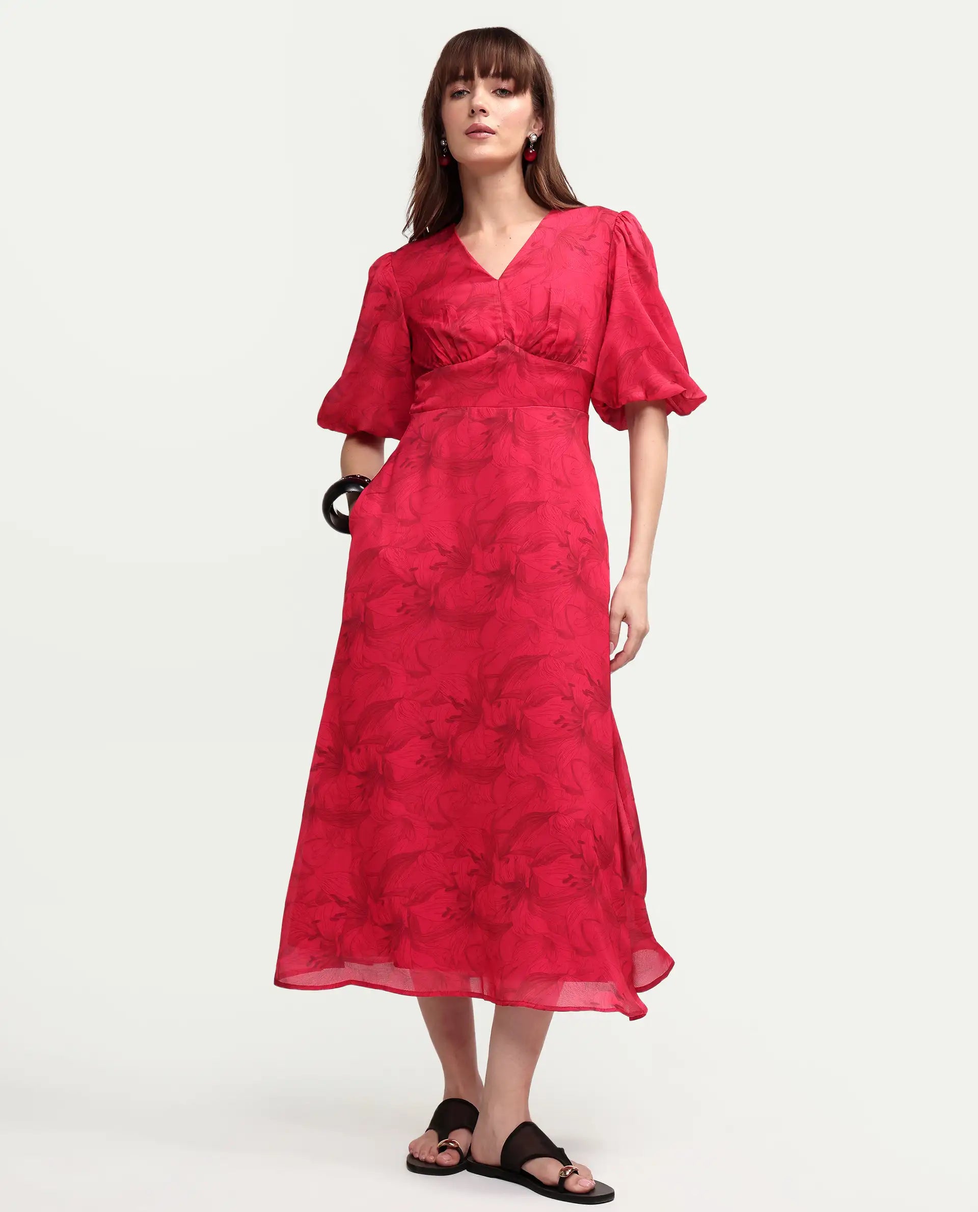 Rareism Women's Addkin Red Polyester Half Sleeve V-Neck A-Line Floral Print Dress