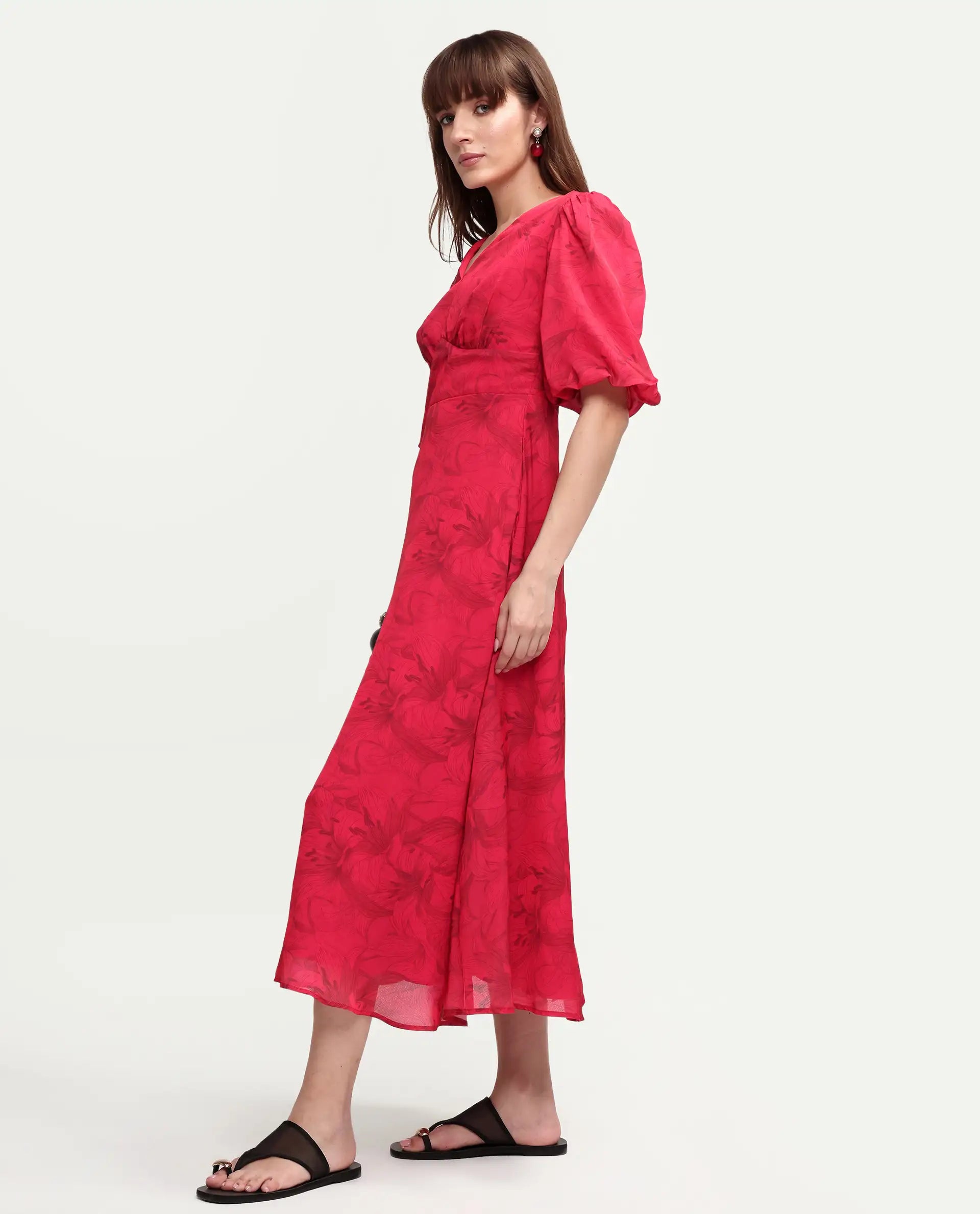 Rareism Women's Addkin Red Polyester Half Sleeve V-Neck A-Line Floral Print Dress