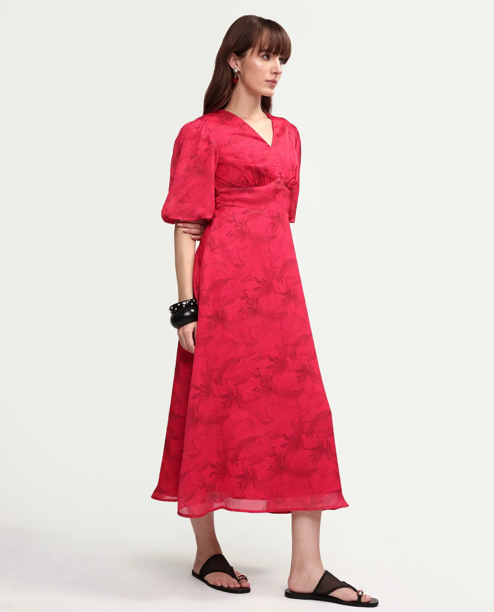 Rareism Women's Addkin Red Polyester Half Sleeve V-Neck A-Line Floral Print Dress