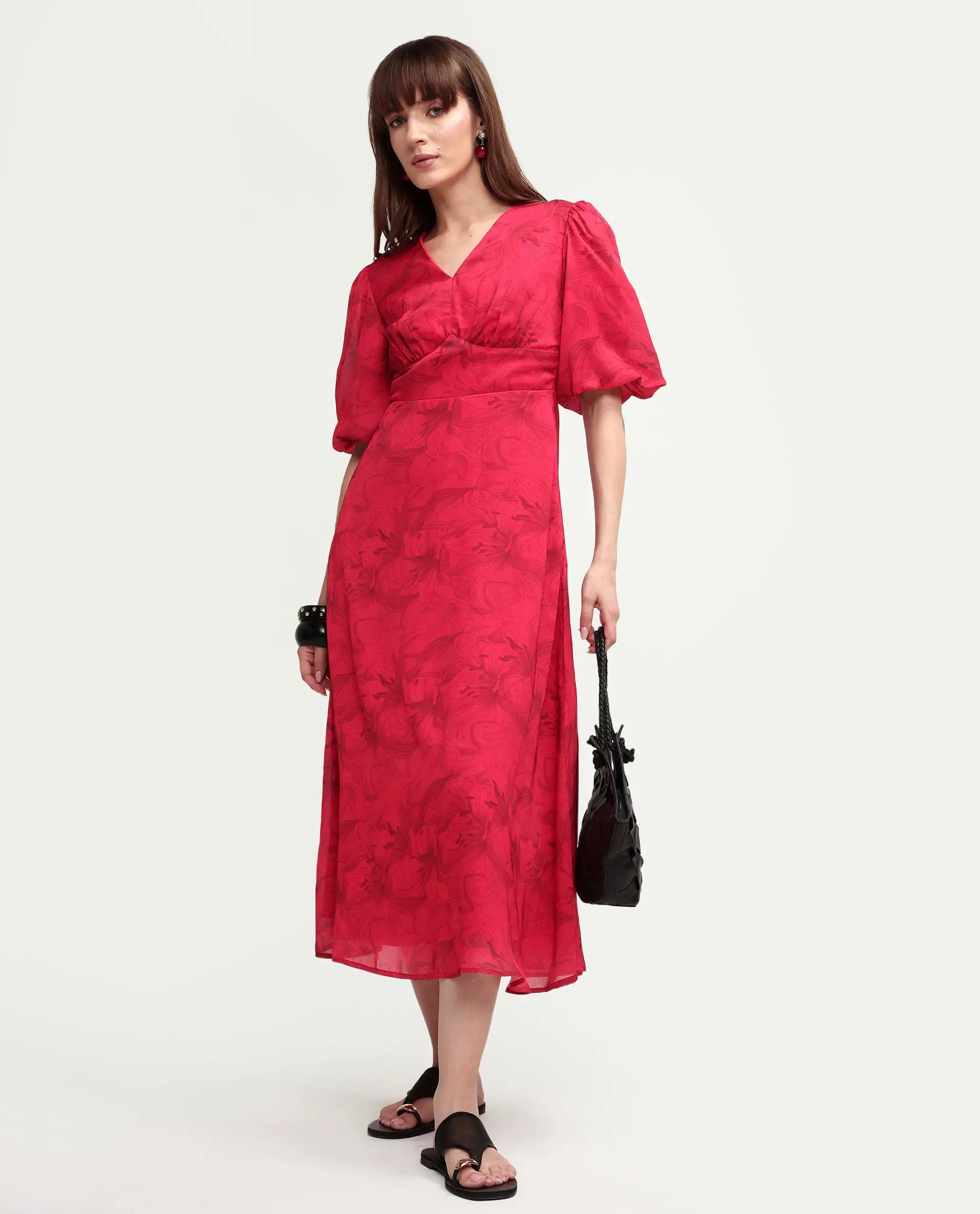 Rareism Women's Addkin Red Polyester Half Sleeve V-Neck A-Line Floral Print Dress