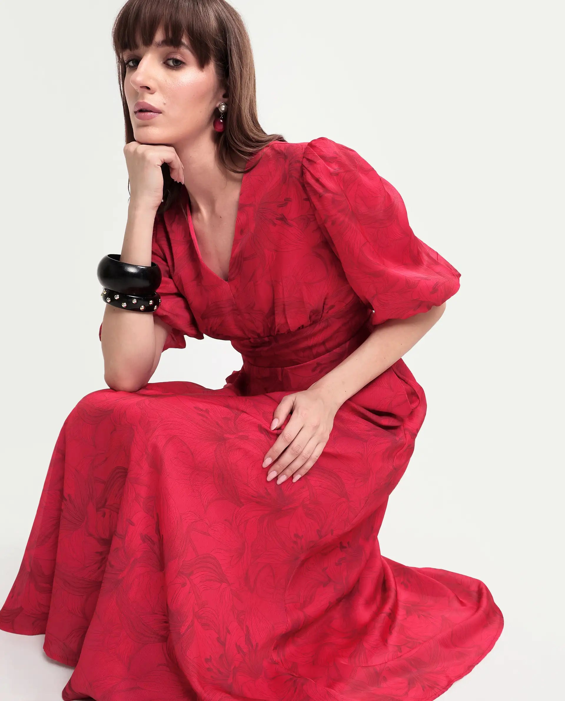 Rareism Women's Addkin Red Polyester Half Sleeve V-Neck A-Line Floral Print Dress