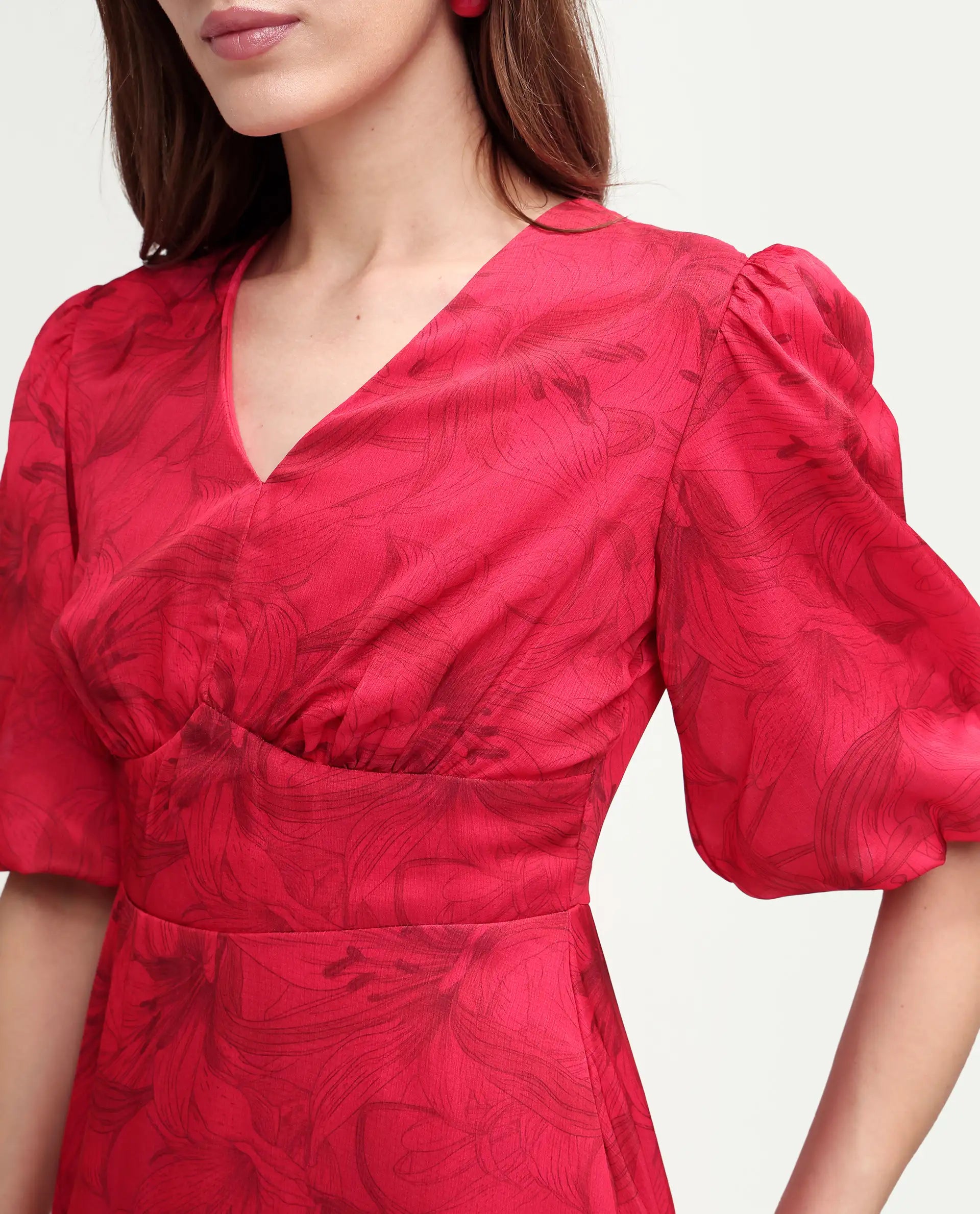 Rareism Women's Addkin Red Polyester Half Sleeve V-Neck A-Line Floral Print Dress