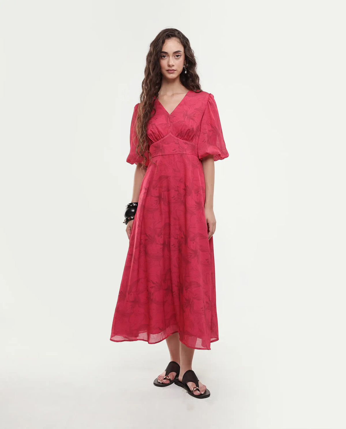 Rareism Women's Addkin Red Polyester Half Sleeve V-Neck A-Line Floral Print Dress