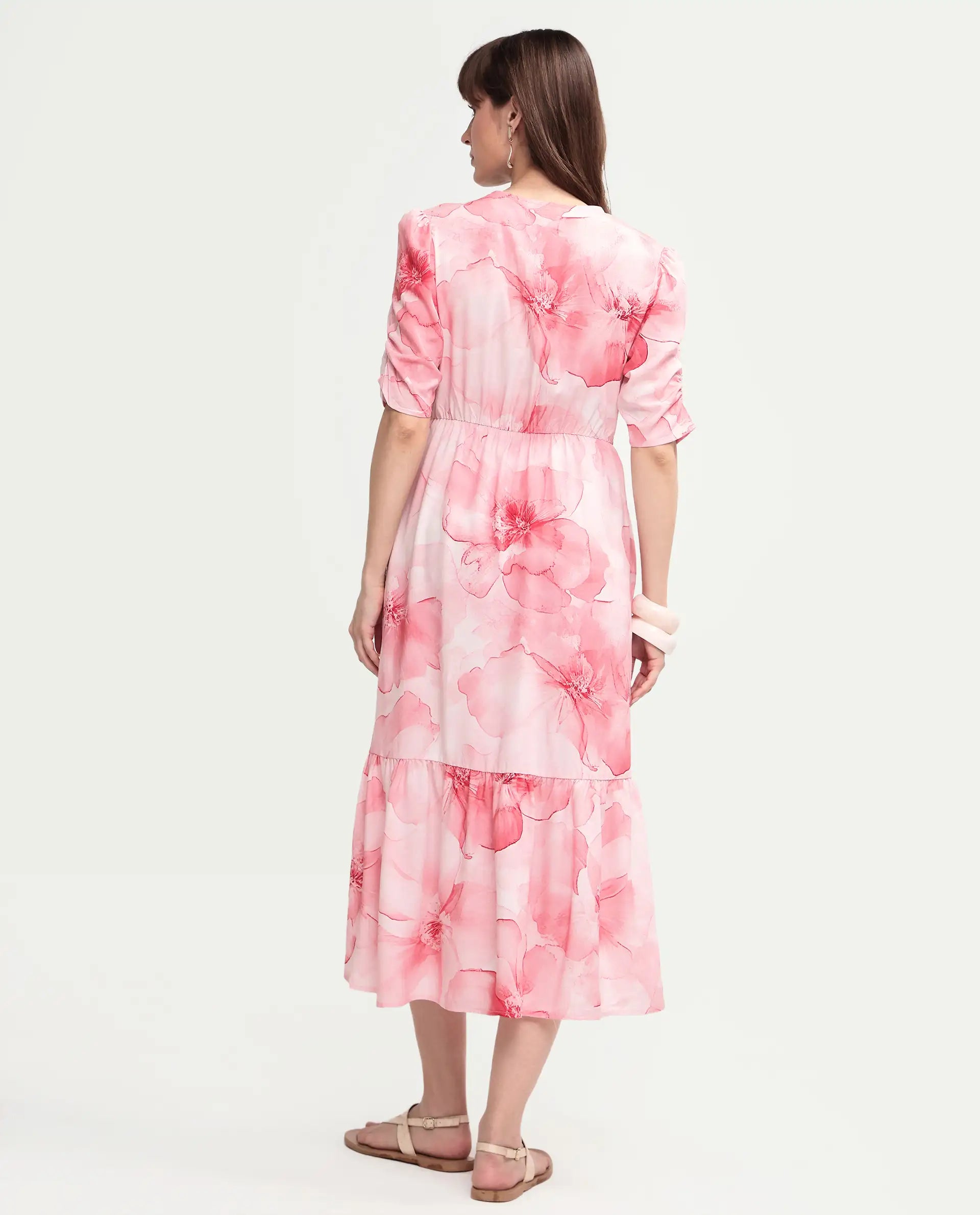 Rareism Women's Vuxo Peach Viscose Half Sleeve V-Neck Fit And Flare Floral Print Dress