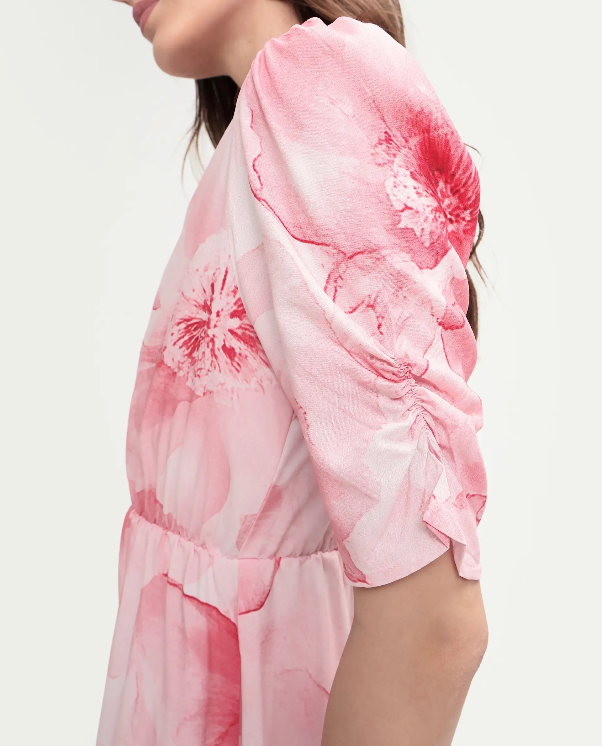 Rareism Women's Vuxo Peach Viscose Half Sleeve V-Neck Fit And Flare Floral Print Dress